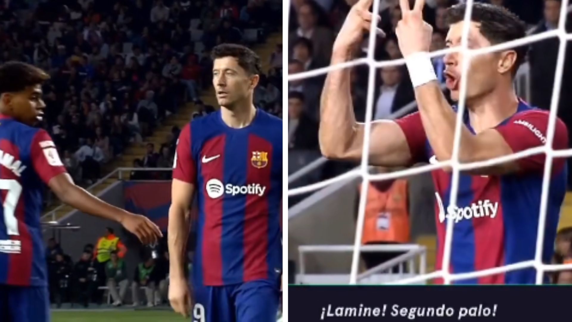 Los jugadores del FC Barcelona, Lamine Yamal y Robert Lewandowski, en un desencuentro durante el partido de su equipo ante el Deportivo Alavés. (Foto Prensa Libre: Captura de Pantalla)