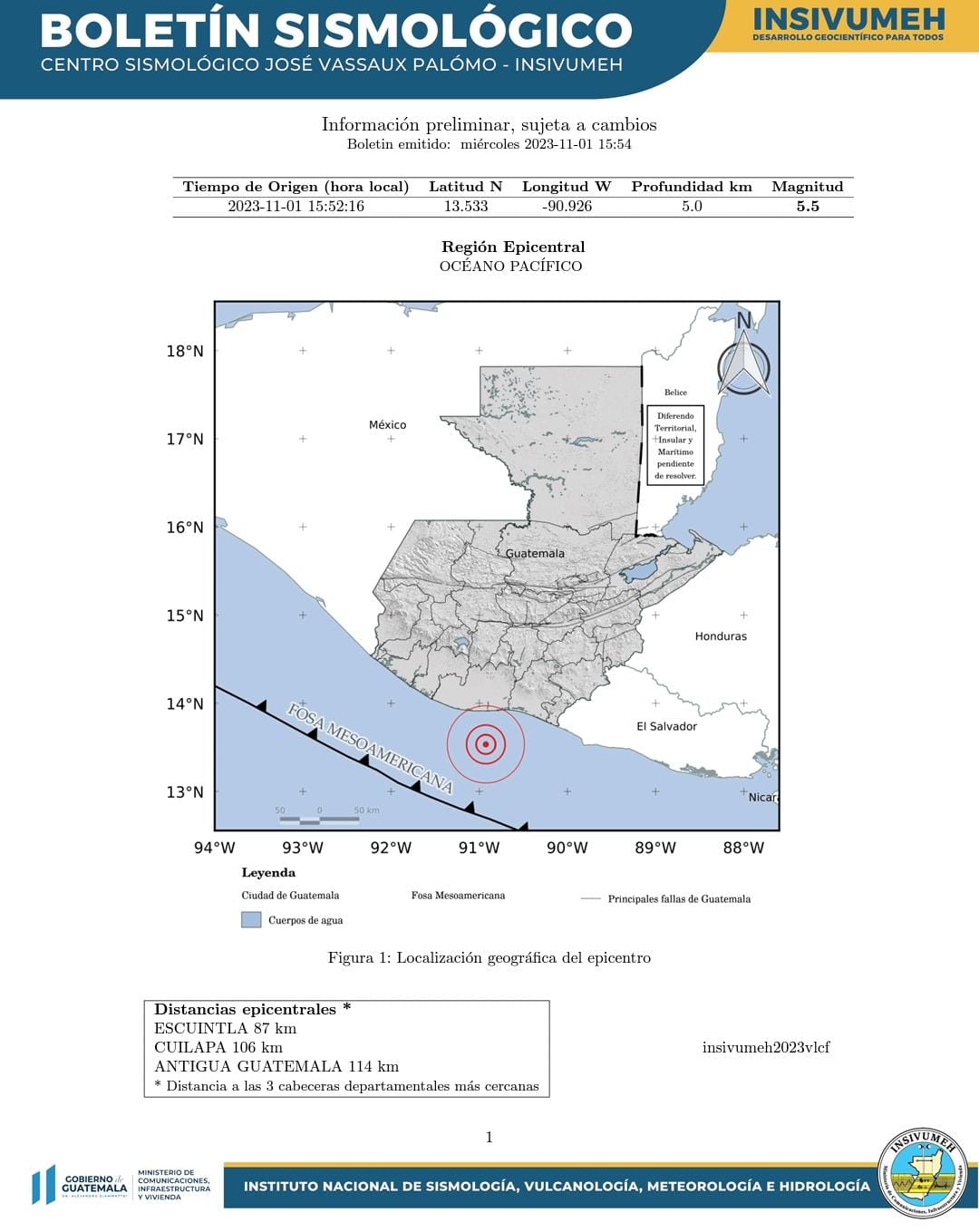 El Insivumeh informó que el temblor de este 1 de noviembre fue de magnitud 5.5. (Foto Prensa Libre: Insivumeh)