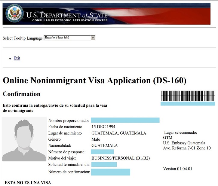 Confirmación de formulario DS-160 (Foto Prensa Libre).