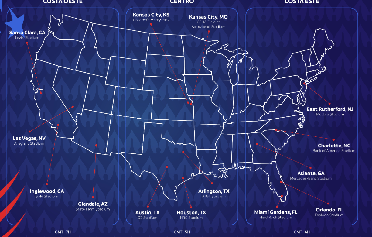 Mapa con la distribución de los estadios donde de jugarán los partidos de la Copa América USA 2024. Foto Prensa Libre (twitter: @CopaAmerica)