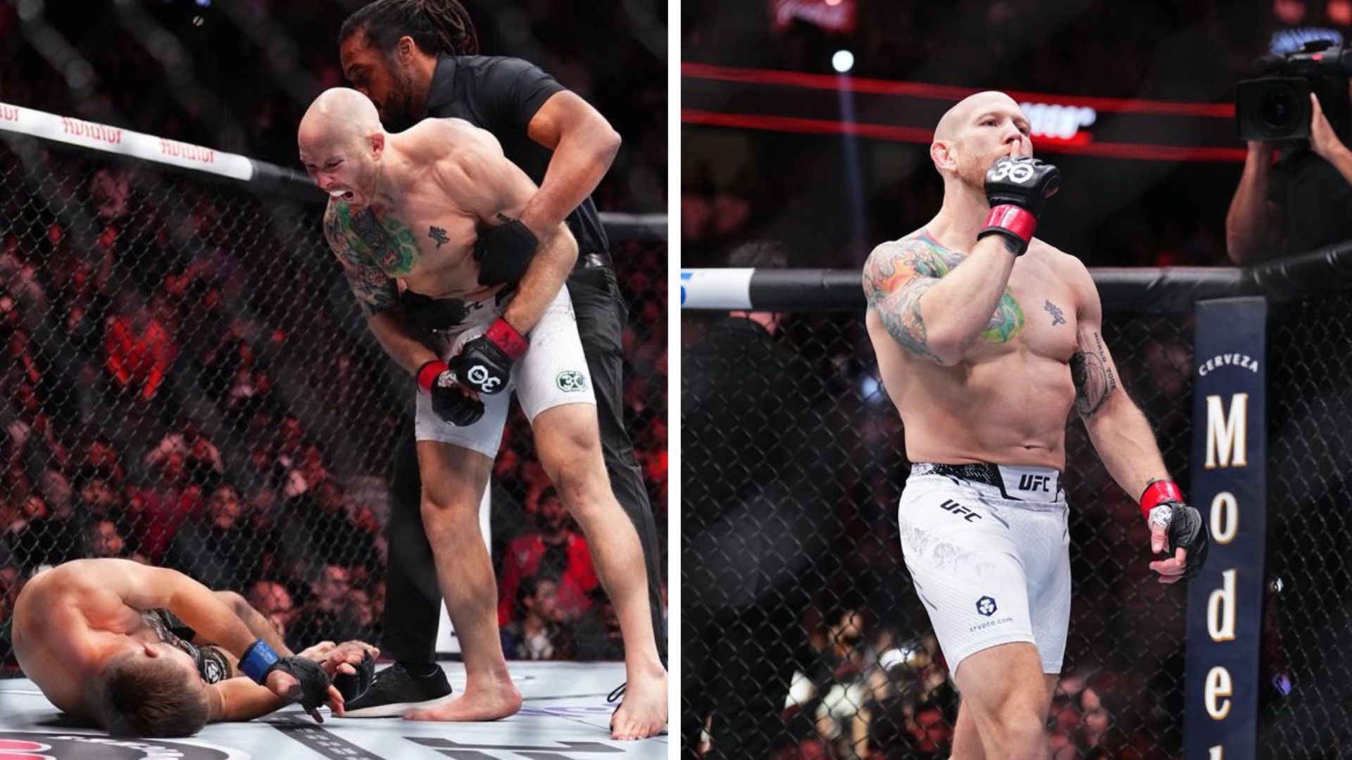 Este fue el momento en que Josh Emmett acababa de noquear a Bryce Mitchell. (Foto Prensa Libre: MMA Orbit)