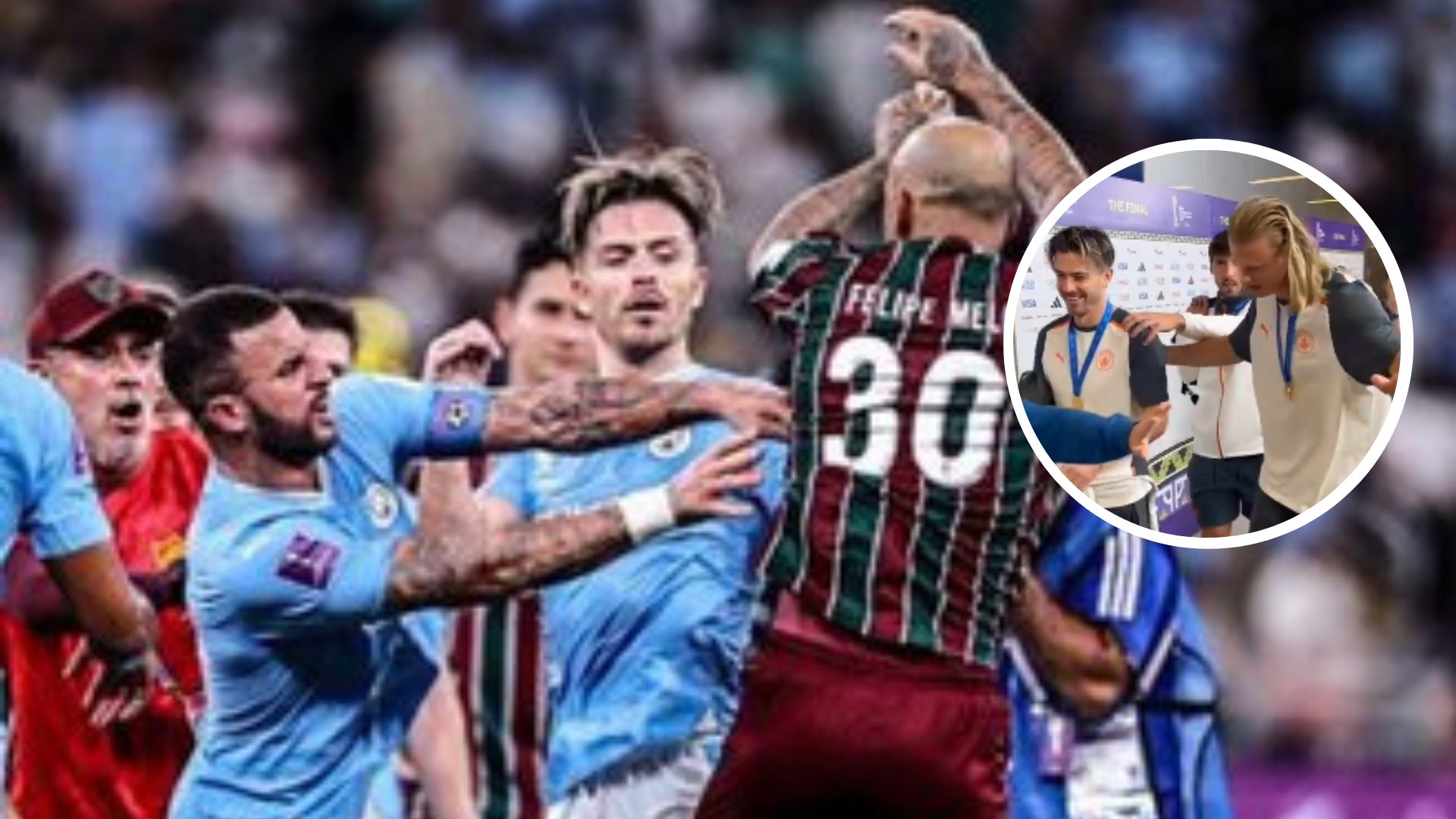 El momento del enfrentamiento entre Felipe Melo y Jack Grealish, satirizado después por Haaland y Bernardo Silva. (Foto Prensa Libre: RRSS)