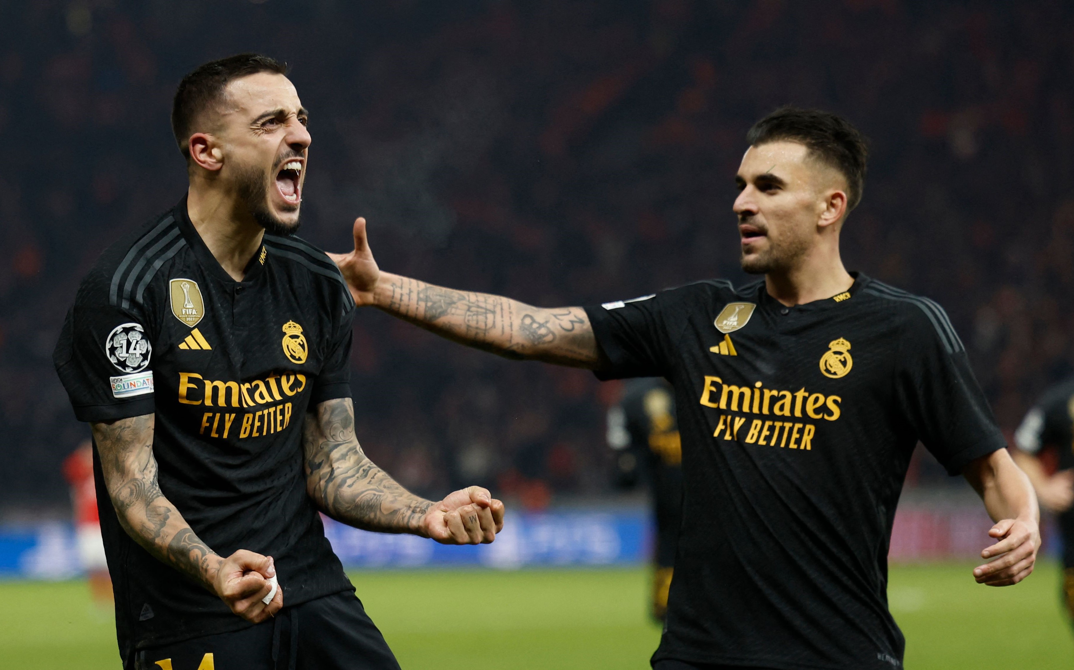 Joselu celebra uno de los goles conseguidos frente al Union Berlin en el cierre de la fase de grupos de la Champions League. (Foto Prensa Libre: AFP).