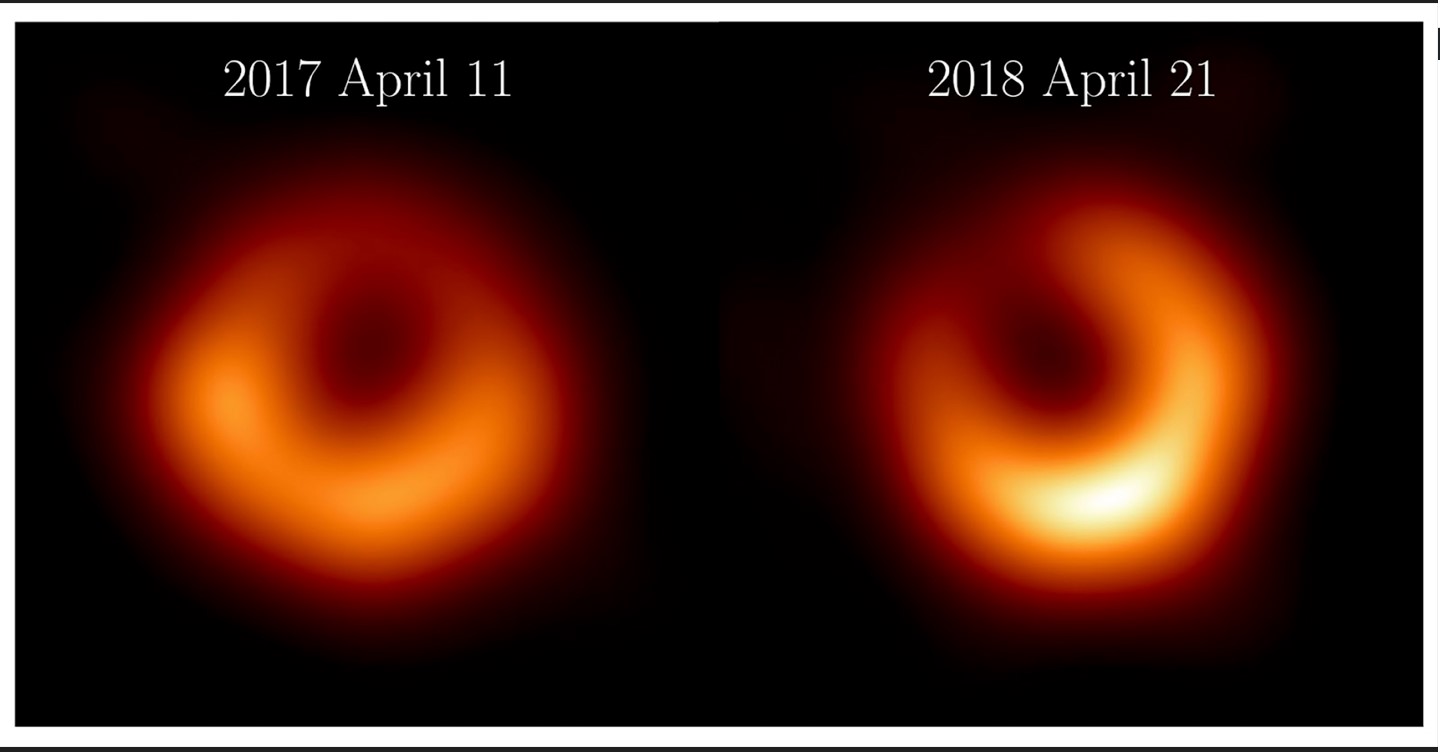 Dos nuevas imágenes del agujero negro supermasivo M87*, realizadas a partir de observaciones recogidas en abril de 2017 y abril de 2018. (Colaboración del Telescopio del Horizonte de Sucesos/The New York Times)