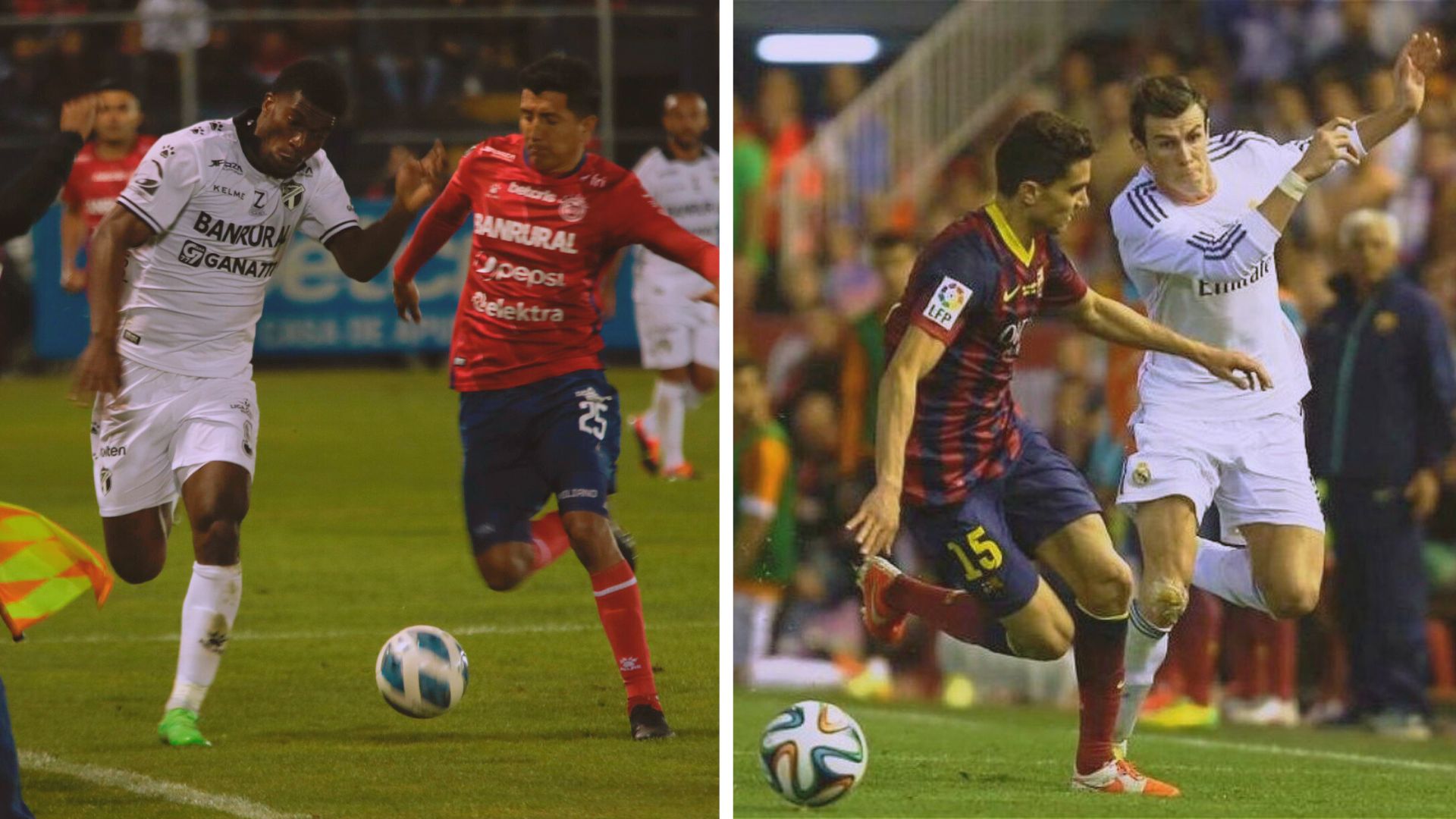 El momento de la jugada entre el jugador de Comunicaciones, Azarías Londoño, venció en carrera al defensa de Xelajú, Kevin Ruiz. (Foto Prensa Libre: @CremasOficial/RRSS)