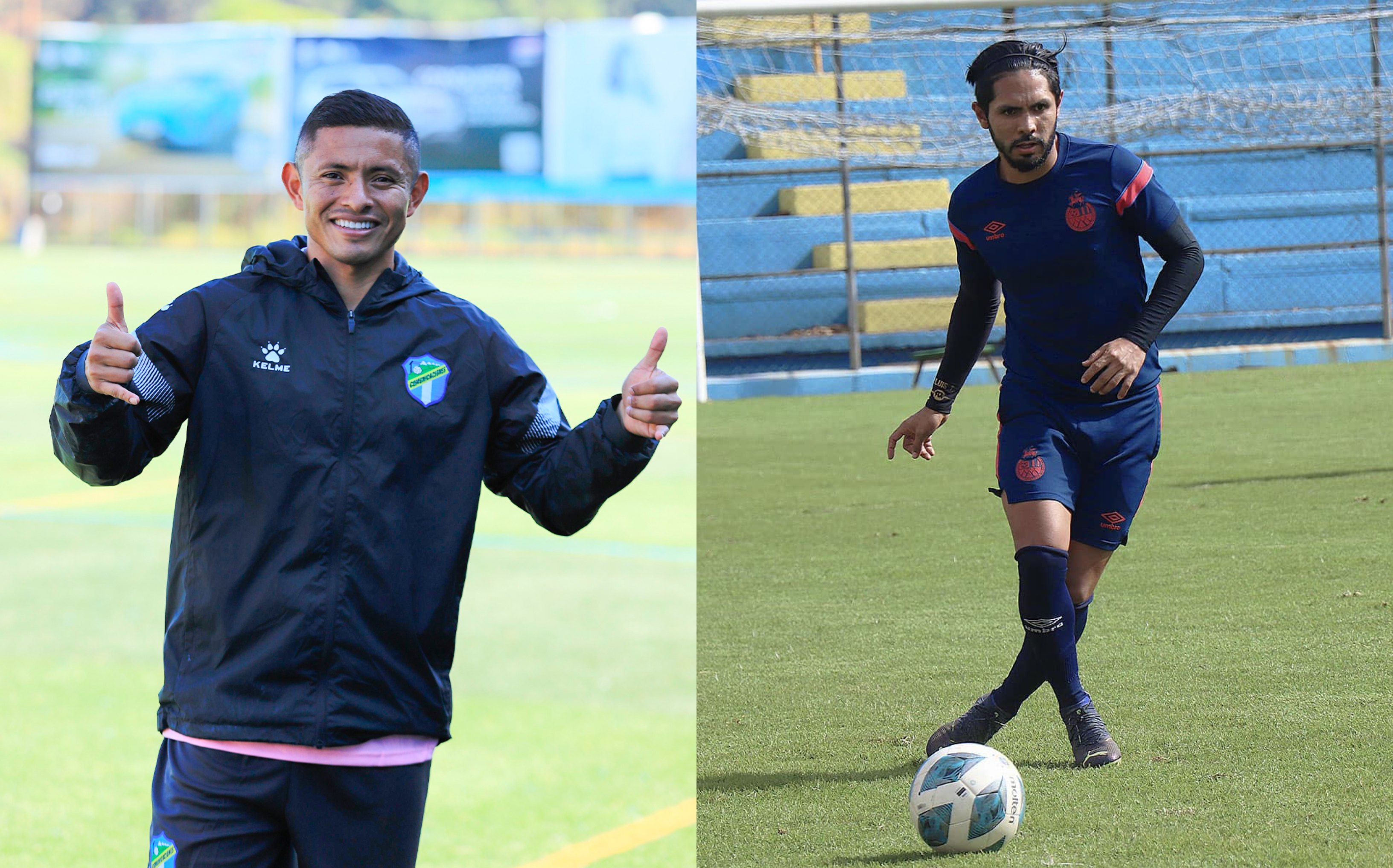 Carlos Mejía (Comunicaciones) y José Morales (Municipal) en entrenamientos con sus equipos. (Foto Prensa Libre: Comunicaciones y Municipal)