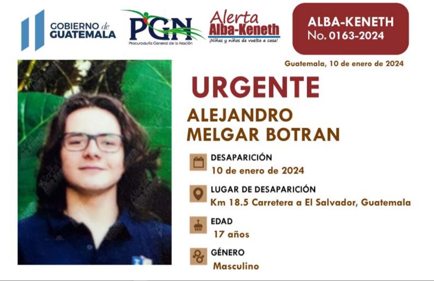 Alejandro Melgar Botrán, de 17 años, fue reportado como desaparecido el pasado 10 enero, cuando se activó una alerta Alba-Keneth. (Foto Prensa Libre: )