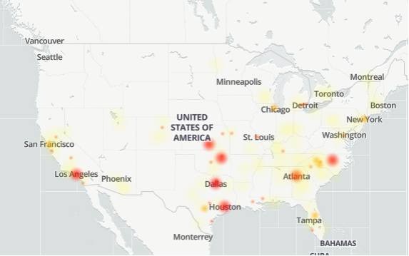 Decenas de ciudades de Estados Unidos están siendo afectadas por estos problemas con los servicios. (Foto Prensa Libre: DownDetector)