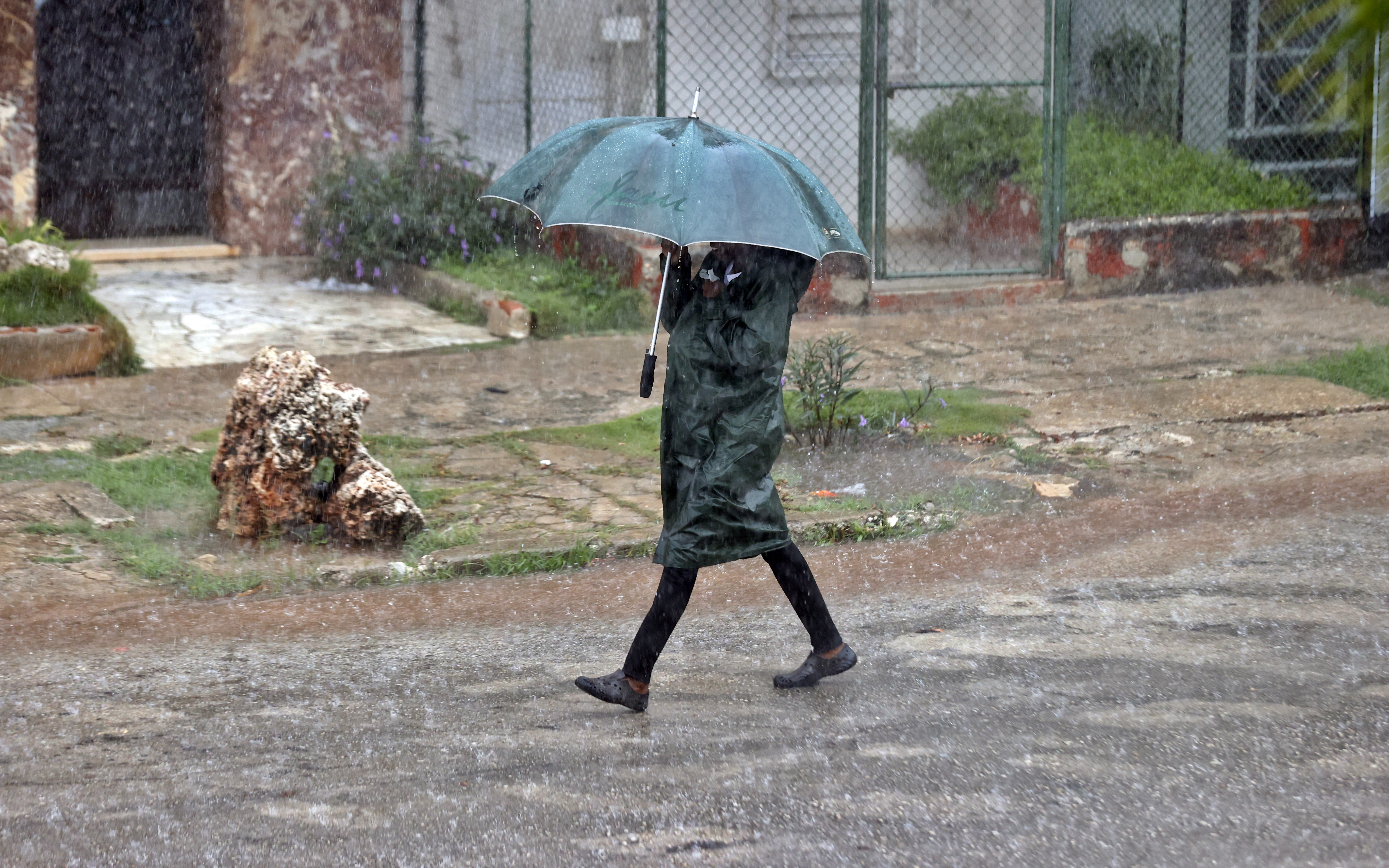 HAB01. LA HABANA (CUBA), 23/03/2024.- Un transeúnte cubierto con una sombrilla camina por una calle este sábado en La Habana (Cuba). Las intensas lluvias que afectan la región occidental de Cuba desde el viernes han dejado 270.000 clientes sin servicio eléctrico, 26 derrumbes totales sólo en La Habana y unas 762 personas autoevacuadas en casas de familiares, informaron este sábado las autoridades del país caribeño. EFE/ Ernesto Mastrascusa