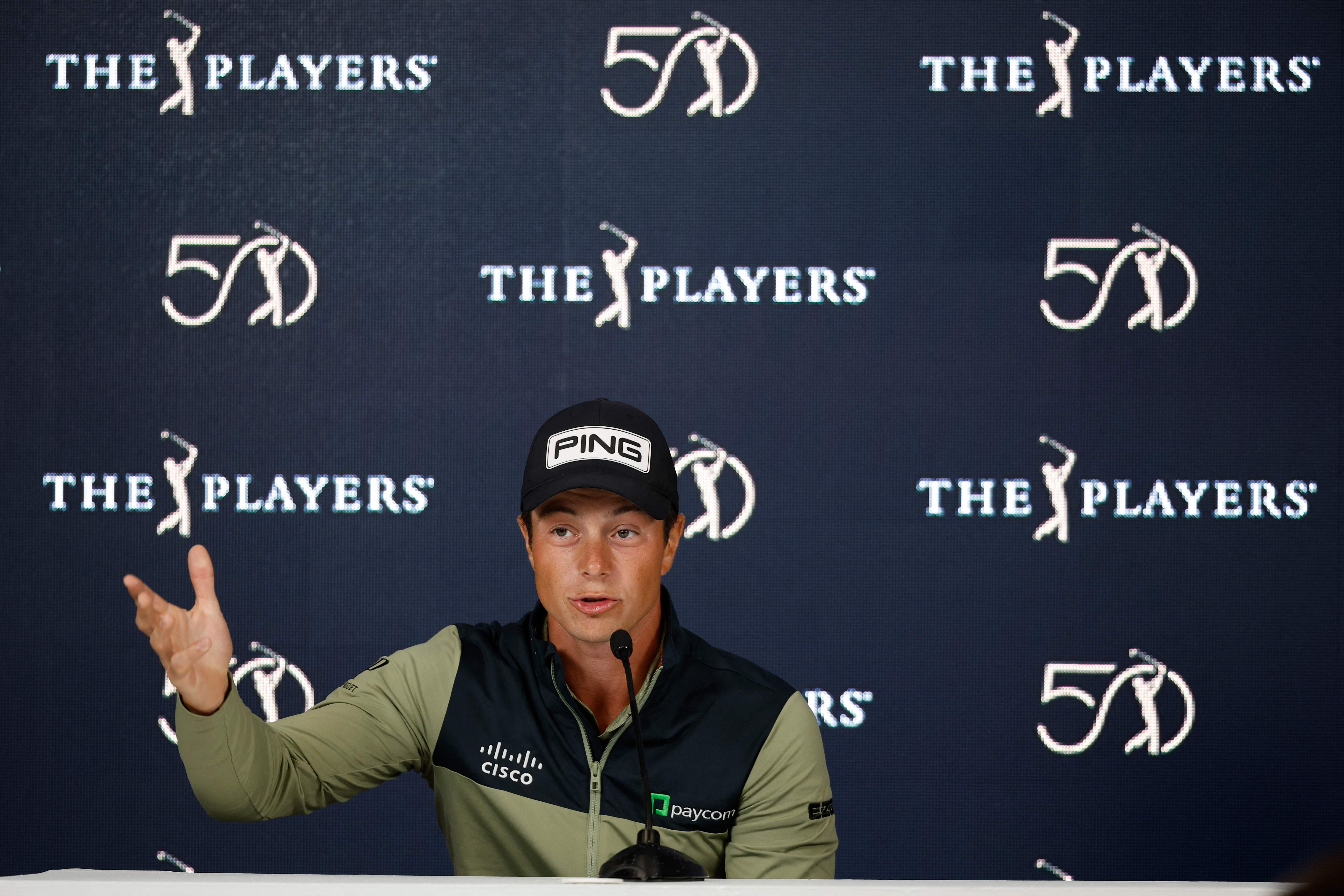 PONTE VEDRA BEACH, FLORIDA - MARCH 13: Viktor Hovland of Norway speaks to the media prior to THE PLAYERS Championship on the Stadium Course at TPC Sawgrass on March 13, 2024 in Ponte Vedra Beach, Florida.   Cliff Hawkins/Getty Images/AFP (Photo by Cliff Hawkins / GETTY IMAGES NORTH AMERICA / Getty Images via AFP)