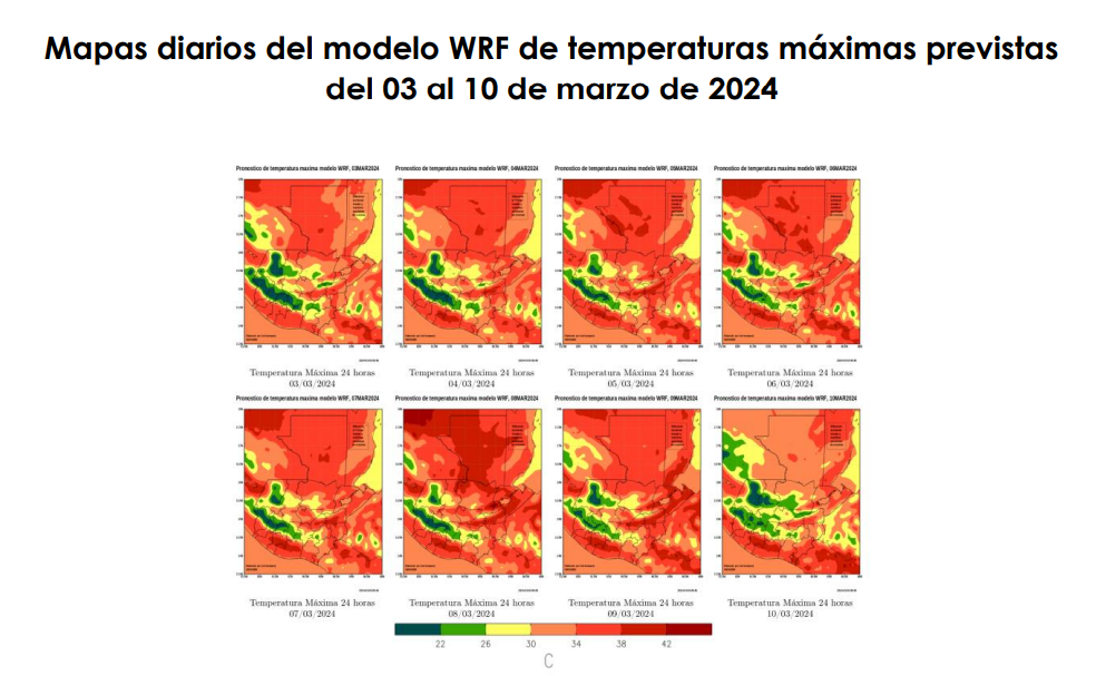 Mapa de las temperaturas máximas en el territorio guatemalteco hasta el 10 de marzo. Fuente: Insivumeh