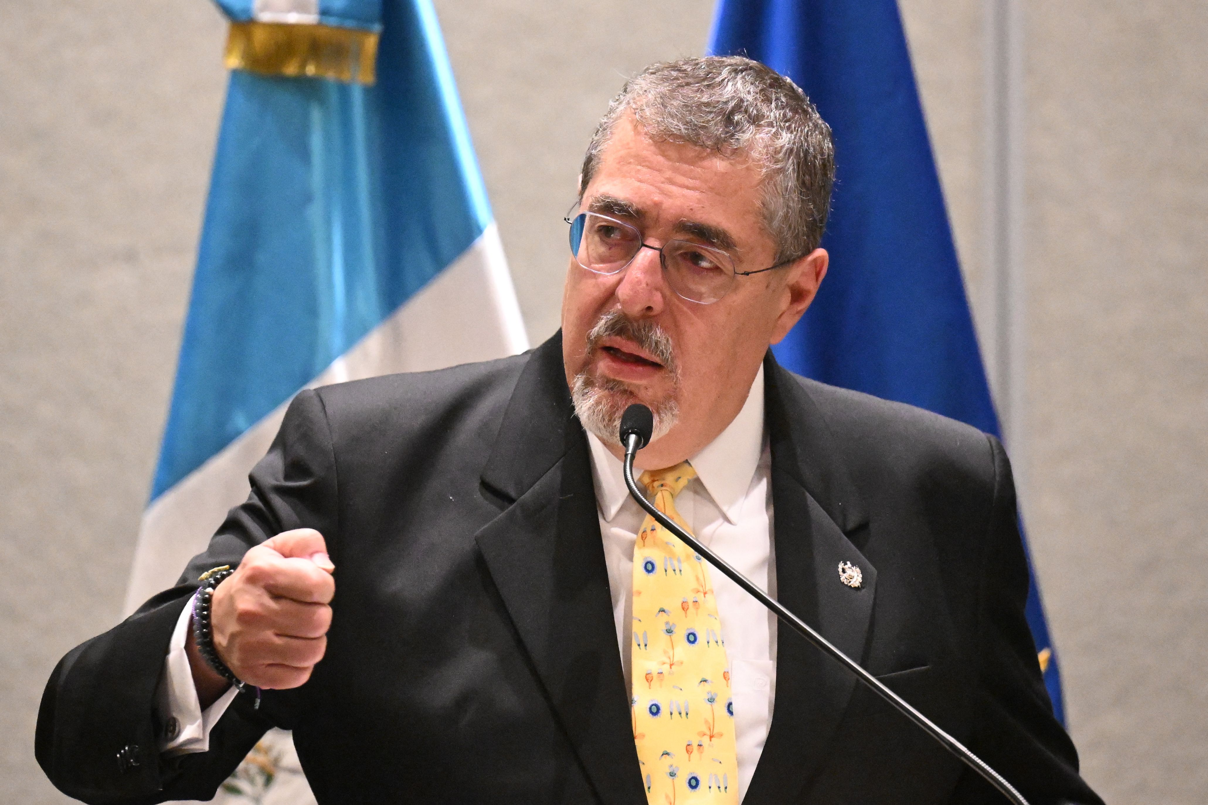 (FILES) Guatemalan President-elect Bernardo Arevalo speaks during a joint press conference with the European Union High Representative for Foreign Affairs and Security Policy in Guatemala City on January 13, 2024. Fighting the corrupt and bringing a "new spring" to Guatemala was the promise that brought social democrat Bernardo Arévalo to power. A hundred days into his administration, expectations seem to be fading due to criticisms of "lukewarmness" in the attack on corruption. (Photo by Johan ORDONEZ / AFP)