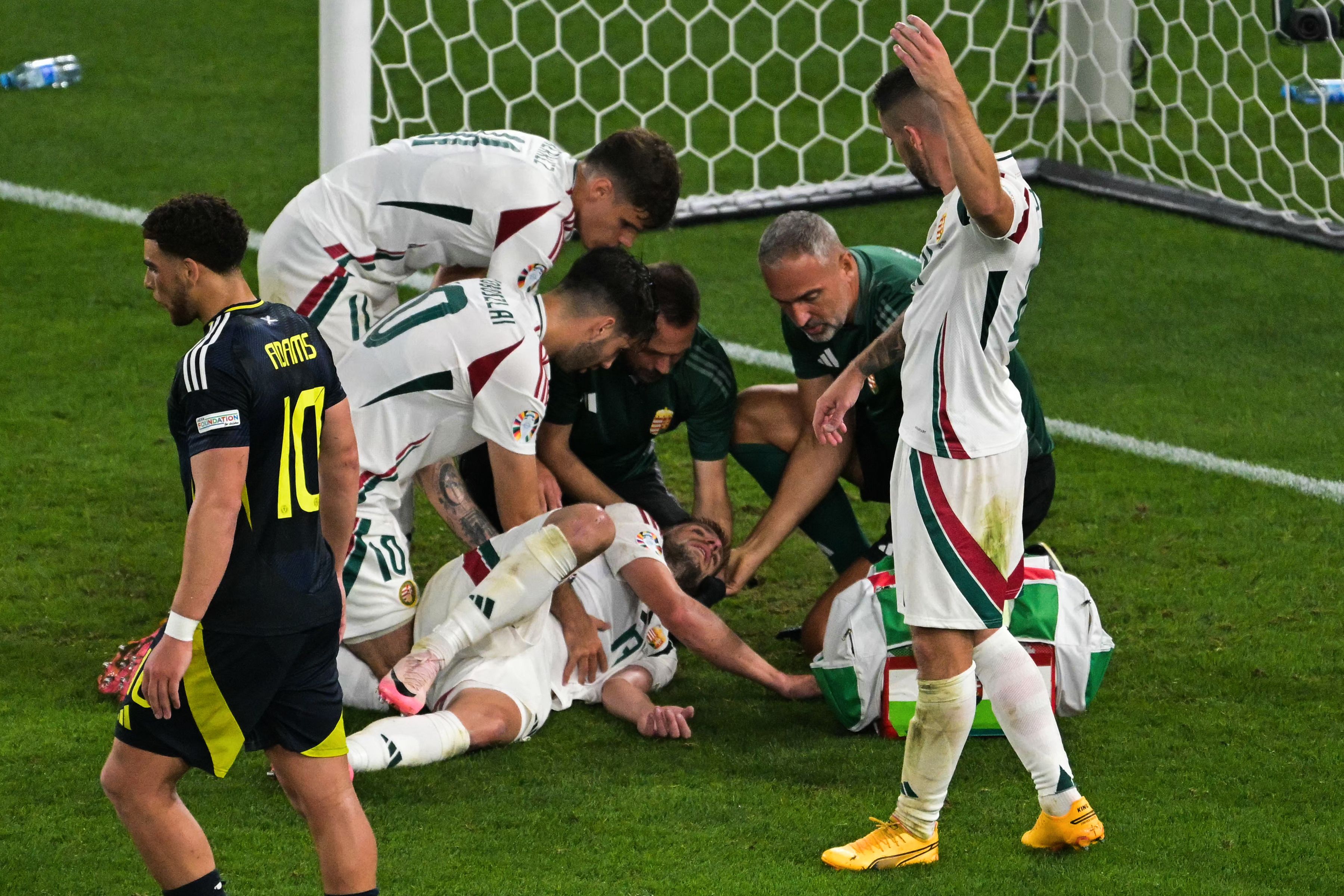 Barnabas Varga caído en el campo y siendo atendido por sus compañeros después del choque con Angus Gunn.