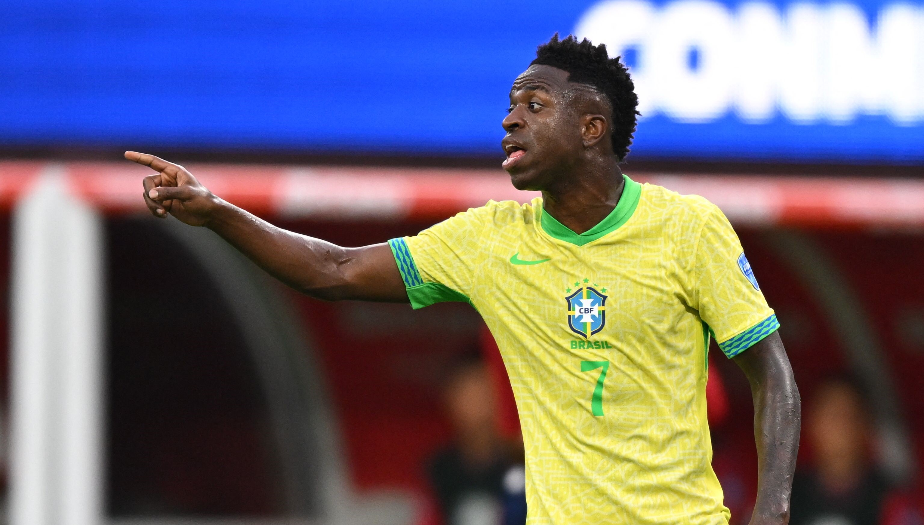 Brazil's forward #07 Vinicius Junior gestures during the Conmebol 2024 Copa America tournament group D football match between Brazil and Costa Rica at SoFi Stadium in Inglewood, California on June 24, 2024. (Photo by Patrick T. Fallon / AFP)