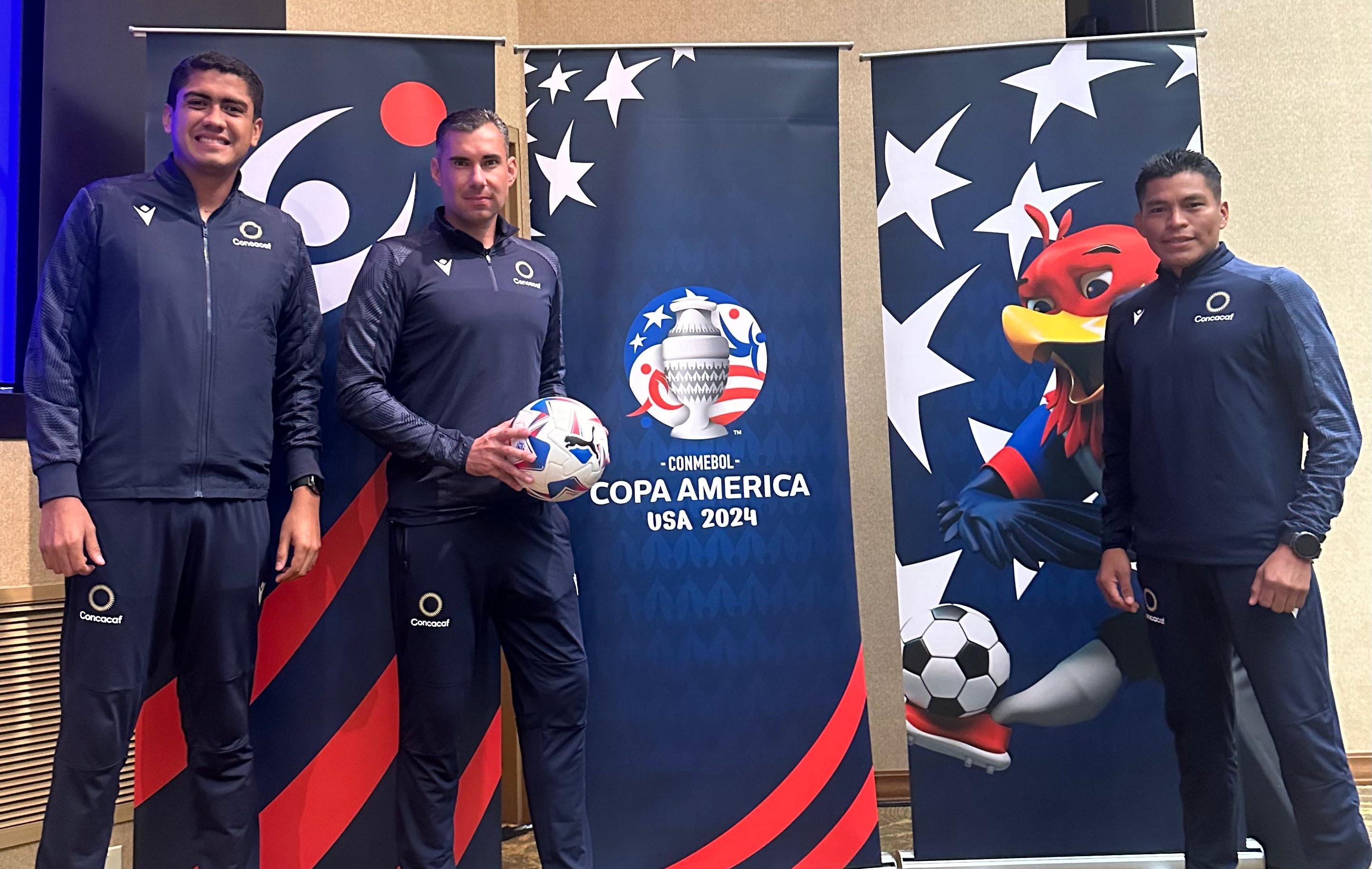 Los guatemaltecos Luis Ventura, Mario Escobar y Humberto Panjoj son parte del grupo arbitral para la Copa América 2024. (Foto Cortesía).