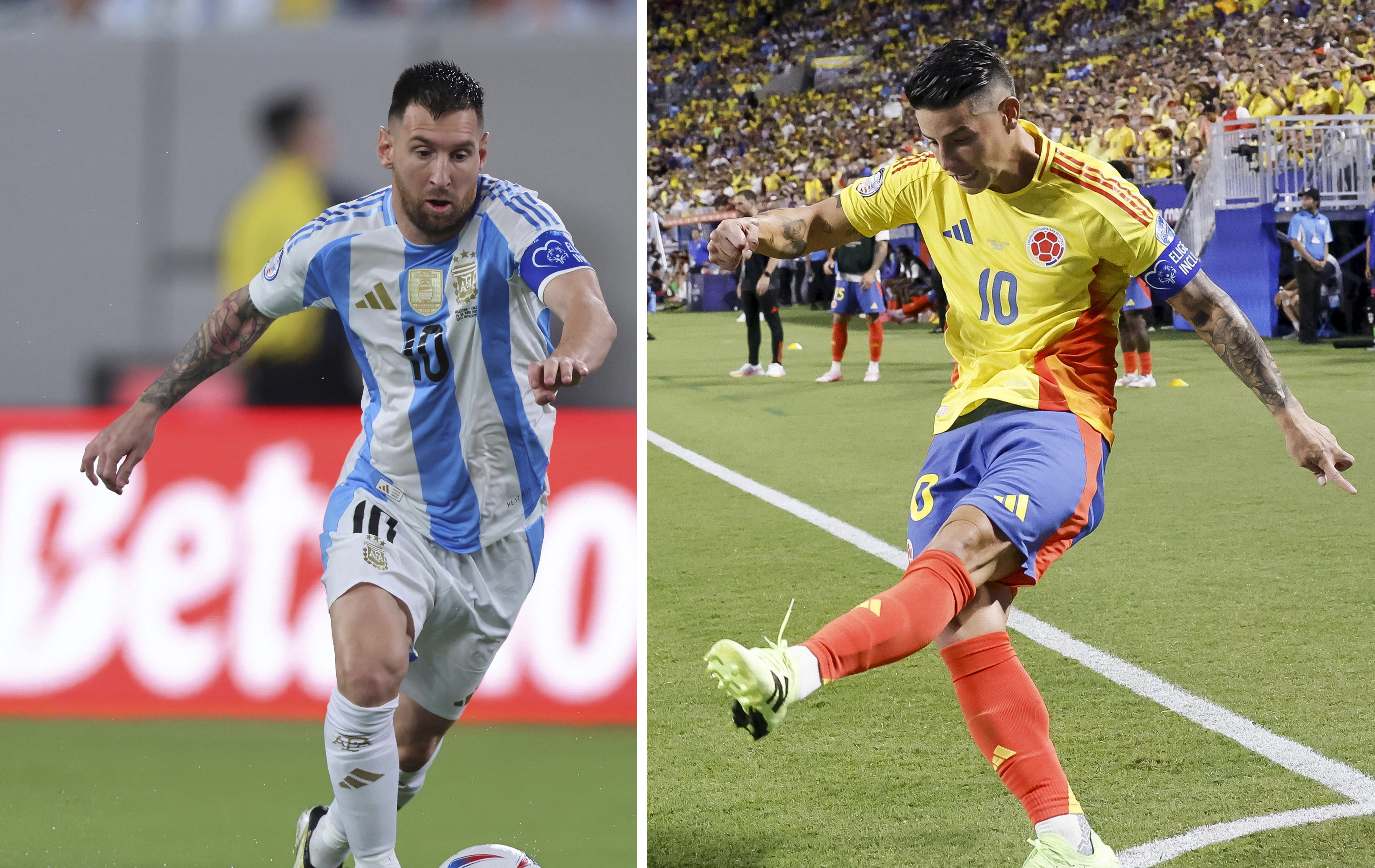 Combo de dos fotografías del jugador argentino Lionel Messi y el colombiano James Rodríguez.(