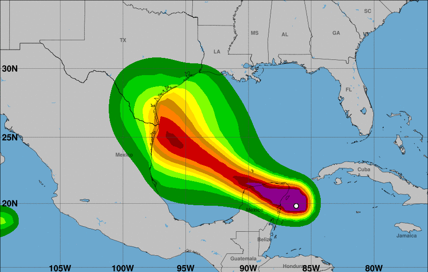 El huracán Beryl continúa su paso hacia el Golfo de México este 5 de julio. (Foto Prensa Libre: Centro Nacional de Huracanes)