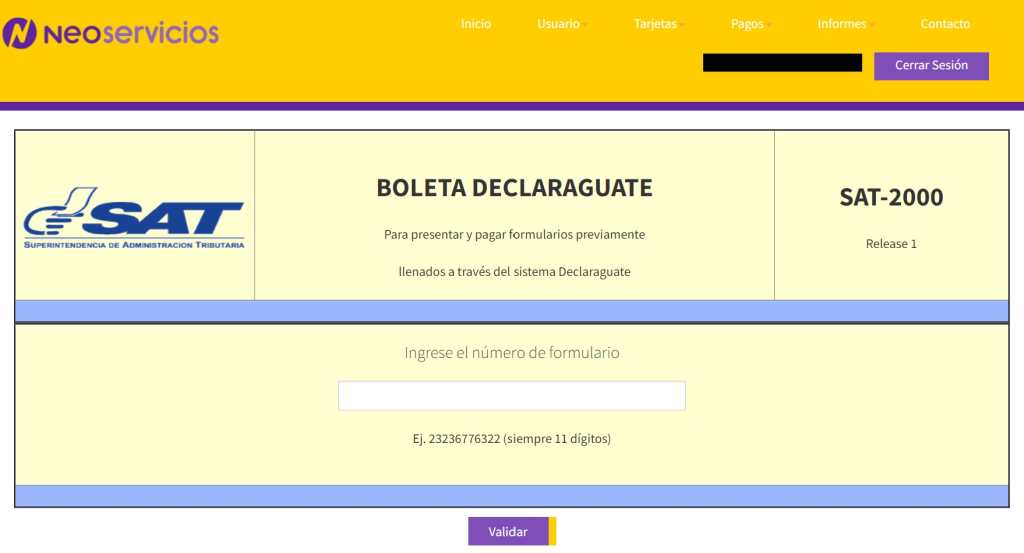 Paso 2 pago con tarjeta de crédito desde Neoservicios.  ingrese el número de formulario SAT-2000. 