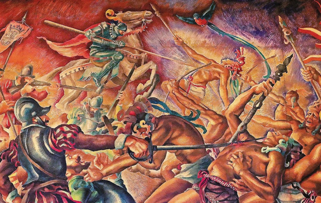 “El choque”, mural de Alfredo Gálvez Suárez, que representa el enfrentamiento entre pueblos originarios y españoles, que se encuentra en el Palacio Nacional de la Cultura, durante la conquista de Guatemala. (Foto: Hemeroteca PL)