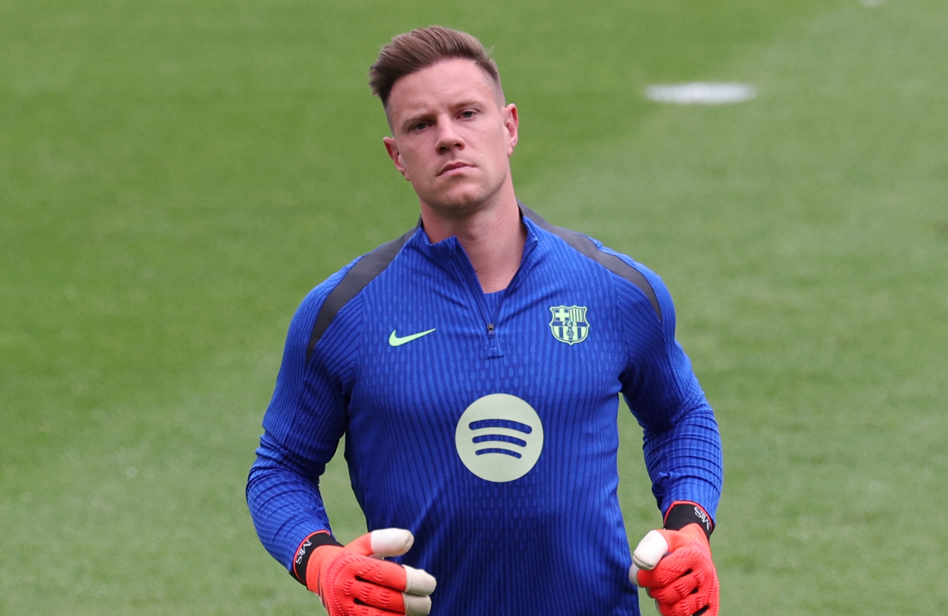 Barcelona's German goalkeeper #01 Marc-Andre Ter Stegen takes part in a training session on the eve of the UEFA Champions League football match between AS Monaco and FC Barcelona at the Joan Gamper training ground in Sant Joan Despi, near Barcelona, on September 18, 2024. (Photo by LLUIS GENE / AFP)