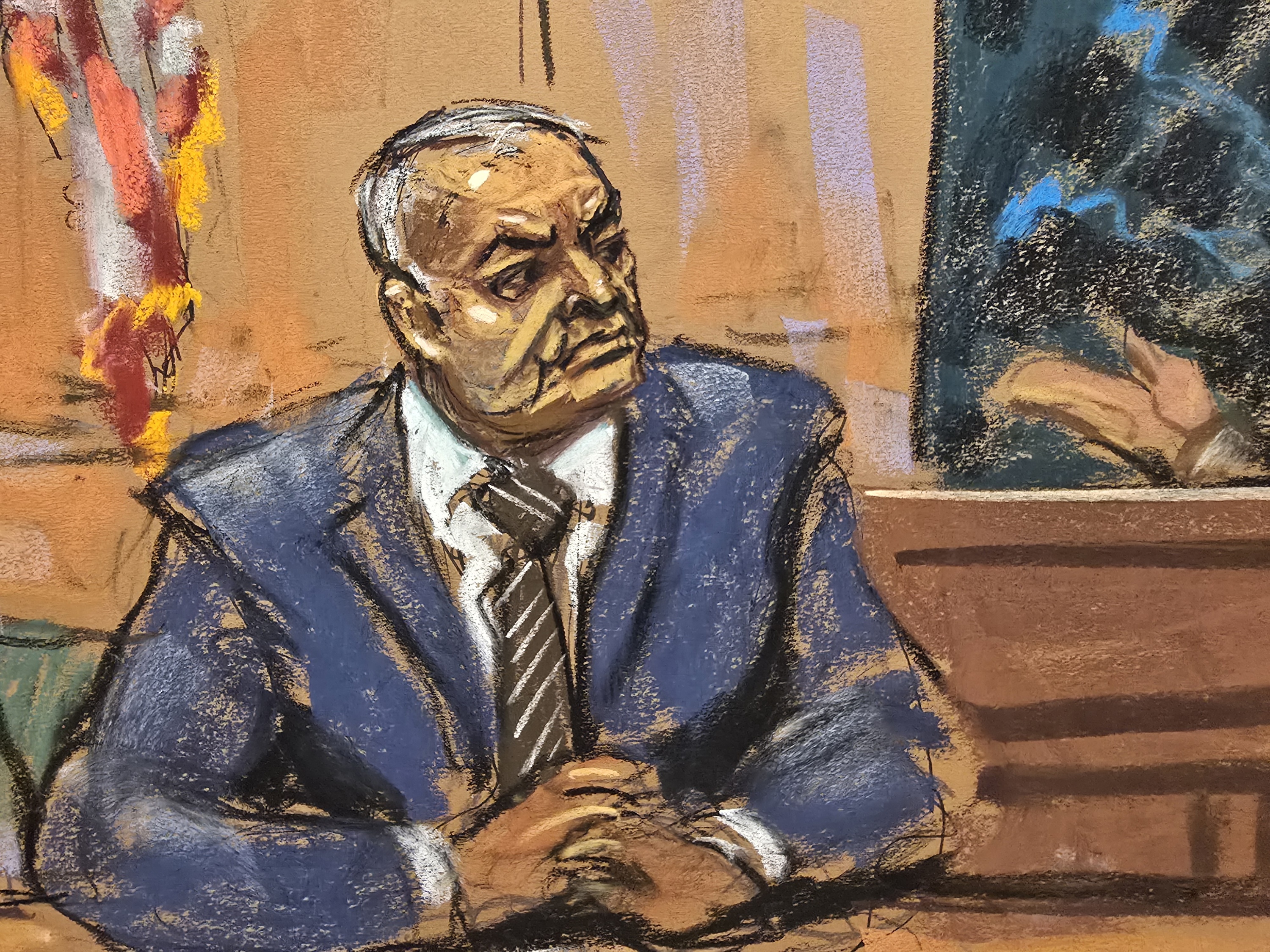 Reproducción fotográfica de un dibujo realizado por la artista Jane Rosenberg del exsecretario de Seguridad Pública mexicano, Genaro García Luna, durante su juicio en el Tribunal Federal de Brooklyn en Nueva York.