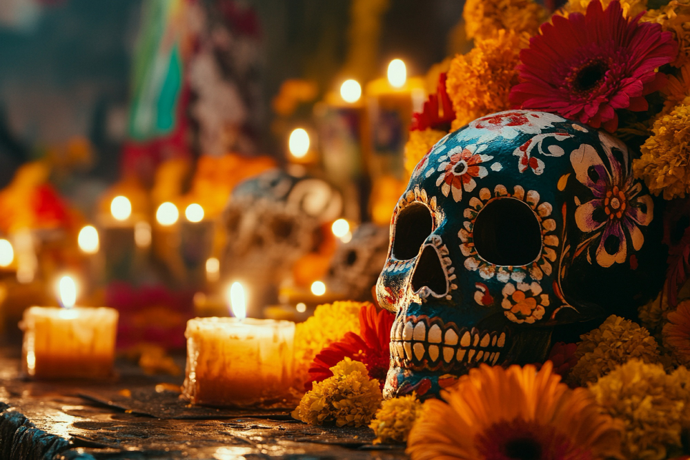 imagen de calaveras y flores en el Día de Muertos en México