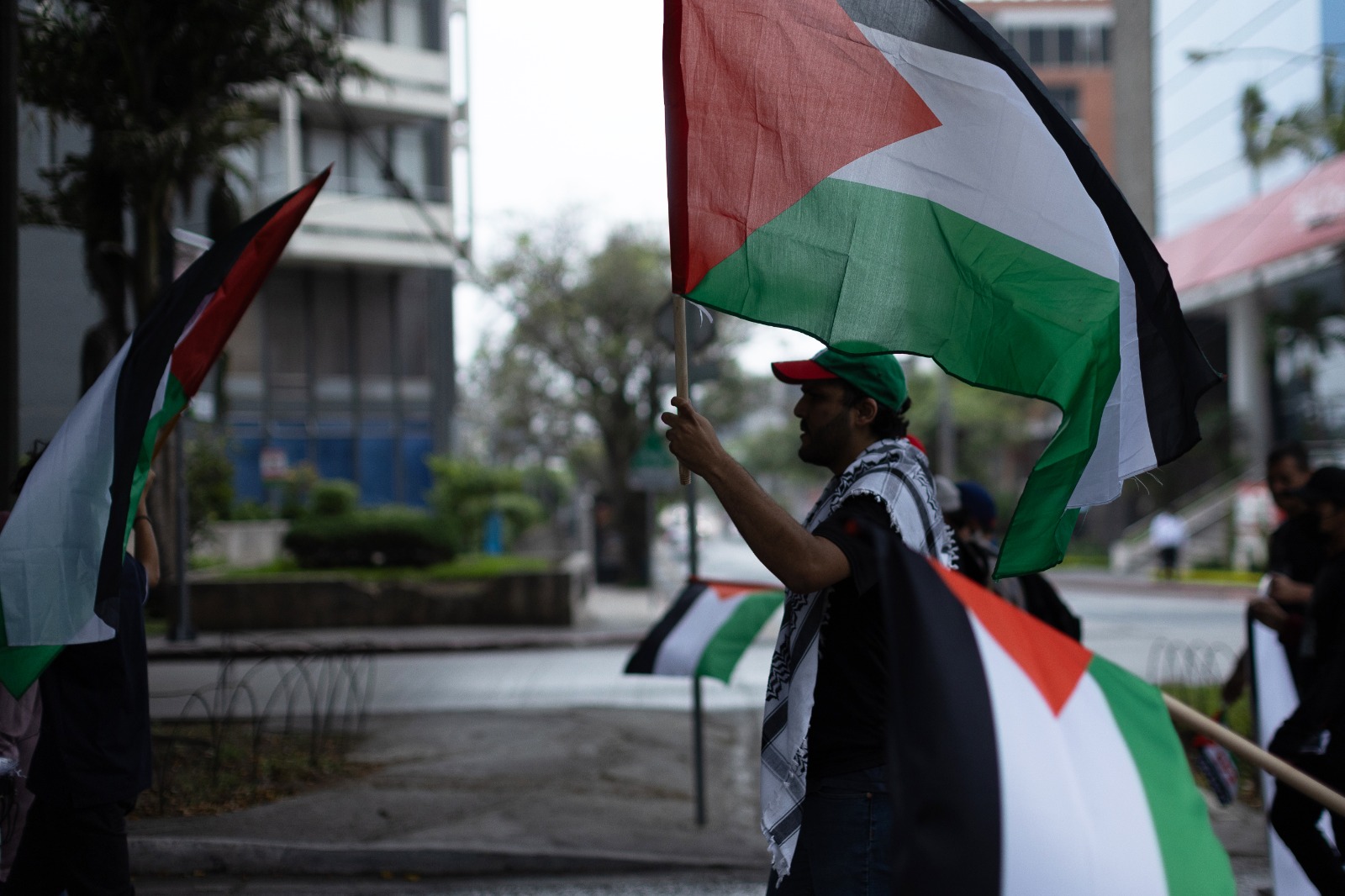 Un hombre sostiene una bandera de Palestina durante una manifestación en Guatemala el domingo 6 de octubre. (Foto Prensa Libre: EFE) 