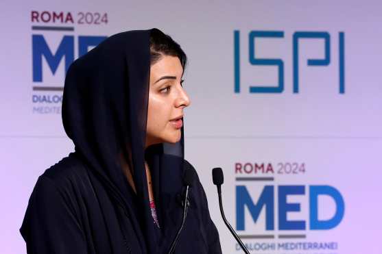 Rome (Italy), 25/11/2024.- Minister of State for International Cooperation in the United Arab Emirates' Ministry of Foreign Affairs and International Cooperation, Reem Ebrahim Al Hashimy, attends the opening session of the Rome Med 2024, Mediterranean Dialogues conference in Rome, Italy, 25 November 2024. The Mediterranean Dialogues 2024 (MED) conference is held in Rome from 25 until 27 November for high-level discussions on the most critical issues affecting the wider Mediterranean. (Italia, Emiratos Árabes Unidos, Roma) EFE/EPA/FABIO FRUSTACI