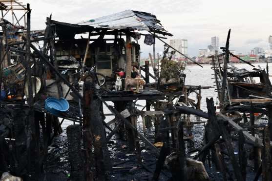 Manila (Philippines), 25/11/2024.- Dogs stand inside a burned shanty after a fire broke out in Manila, Philippines, 25 November 2024. A fire broke out in a slum area in Manila, and several families were left homeless. In Shanty Town, most of the homes are made of combustible materials. (Filipinas) EFE/EPA/FRANCIS R. MALASIG