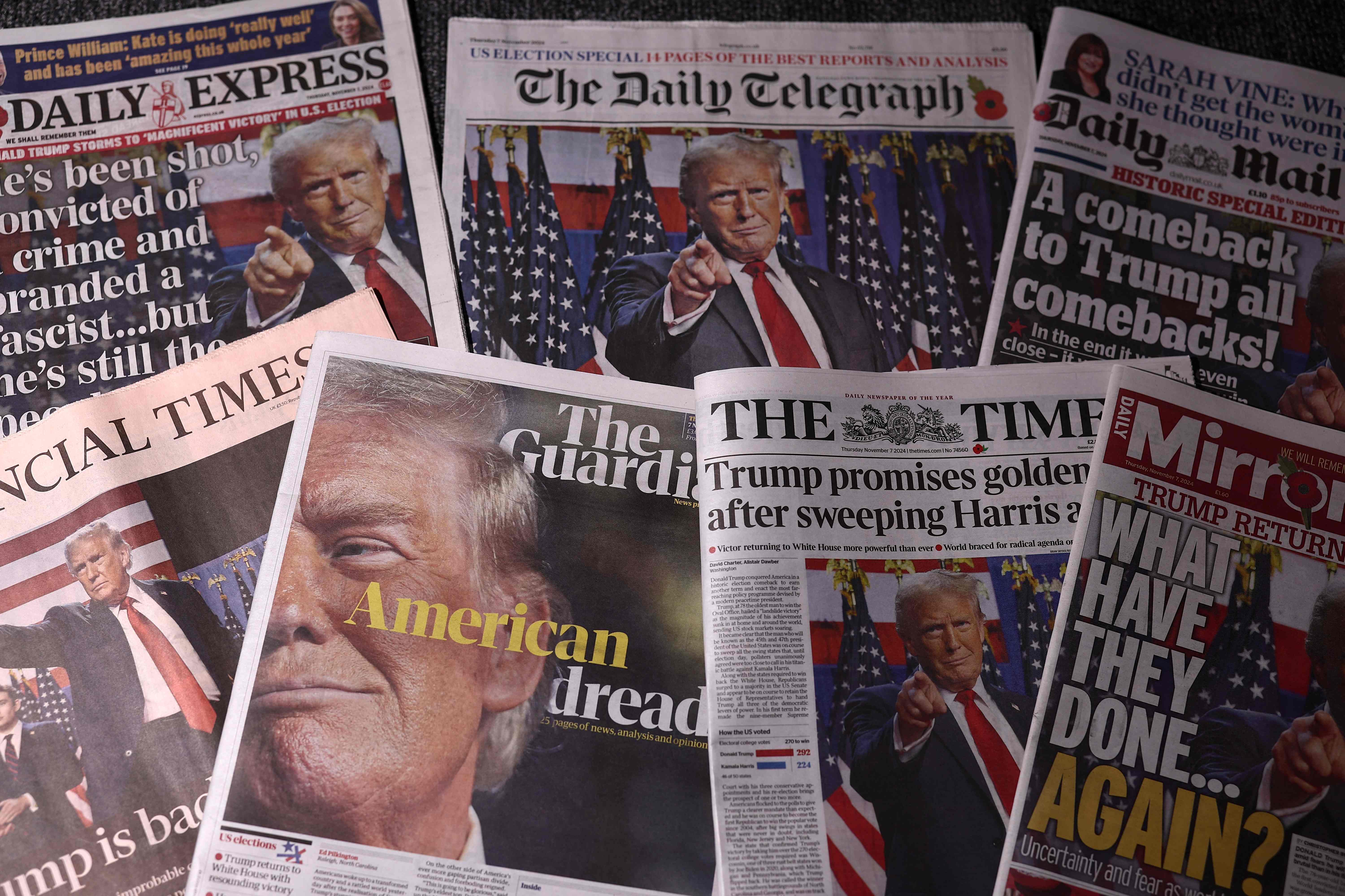 Medios de comunicacion en todo el mundo resaltan triufo de Donald Trump.
(Foto Prensa Libre: HENRY NICHOLLS / AFP)