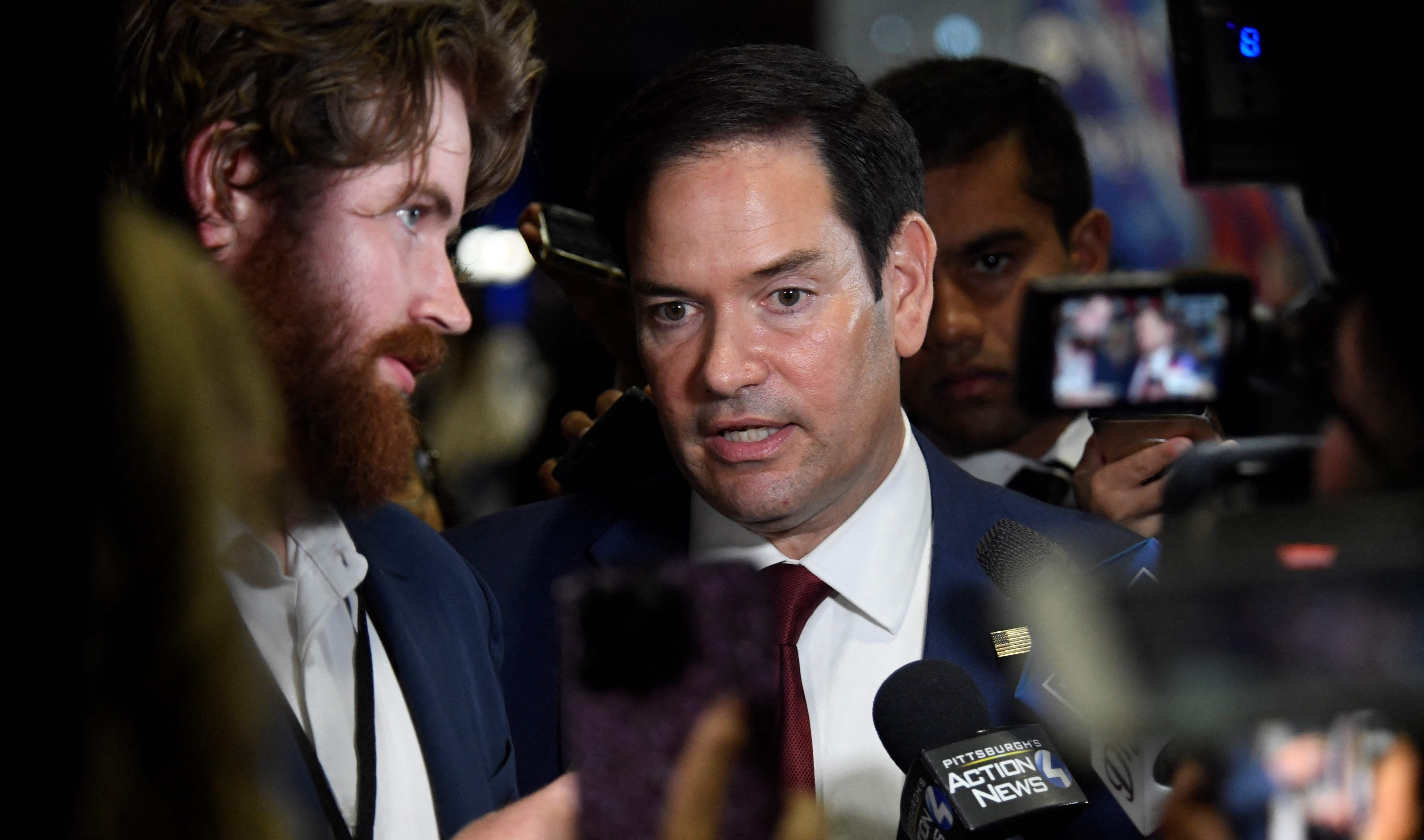 (FILES) US Senator Marco Rubio, Republican of Florida, speaks to the press ahead of the presidential debate between  US Vice President and Democratic presidential candidate Kamala Harris and former US President and Republican presidential candidate Donald Trump at the National Constitution Center in Philadelphia, Pennsylvania, on September 10, 2024. President-elect Trump is expected to name Rubio as secretary of state, The New York Times reported late on November 11, 2024. It quoted three people as saying that the decision is not final, but that Trump appears to have settled on Rubio, a loyalist whom Trump passed over as his vice presidential running mate. (Photo by Matthew Hatcher / AFP)