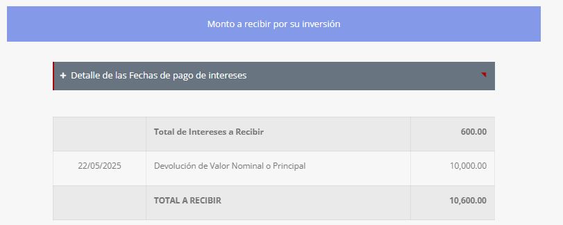 Detalles de los intereses generados para un inverso menor por colocación de bonos del tesoro.