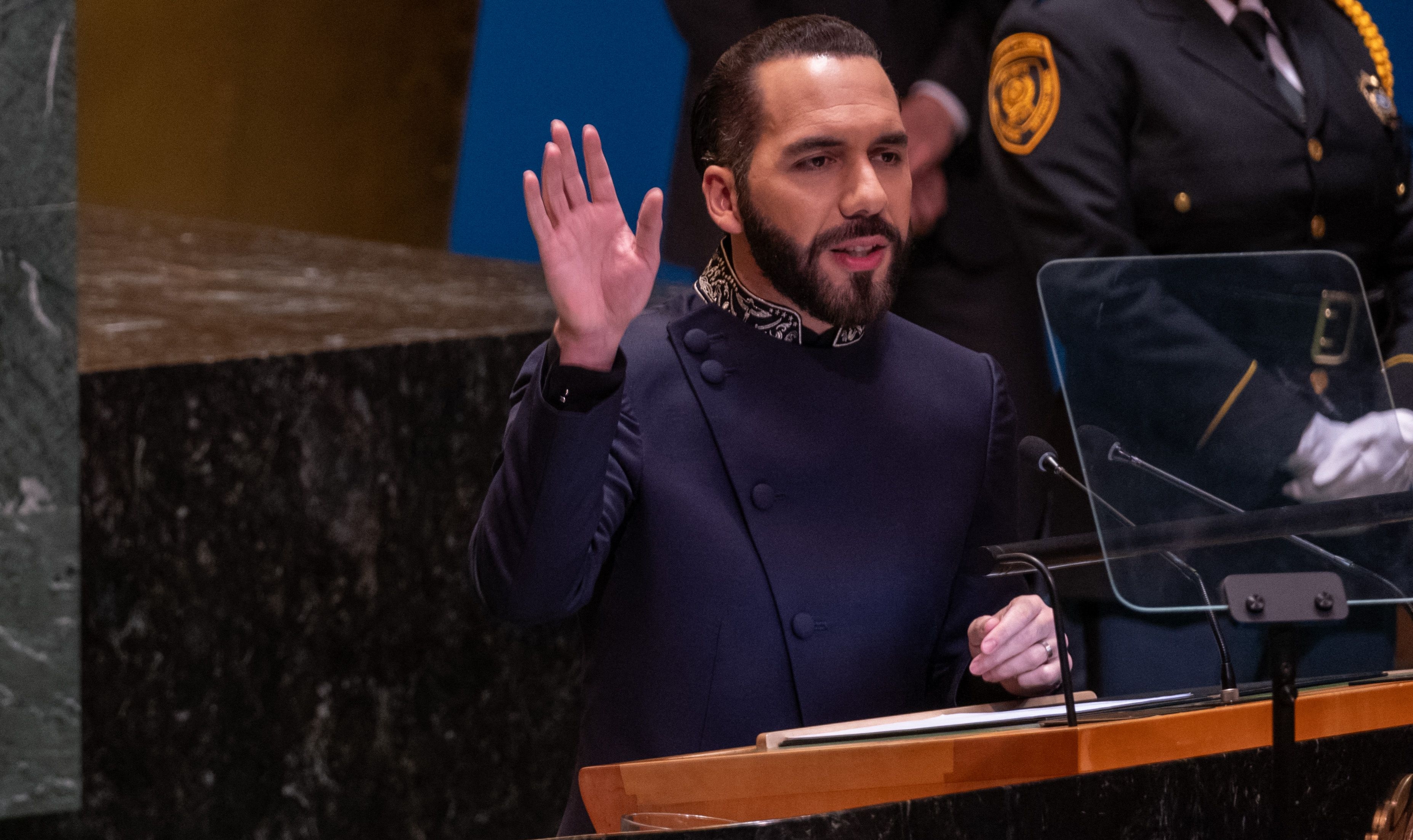 NEW YORK, NEW YORK - SEPTEMBER 24: The President of El Salvador, Nayib Bukele, addresses world leaders during the United Nations General Assembly (UNGA) at the United Nations headquarters on September 24, 2024 in New York City. World leaders convened for the General Assembly as the world continues to experience major wars in Gaza, Ukraine and, Sudan along with a threat of a larger conflict in the Middle East.   Spencer Platt/Getty Images/AFP (Photo by SPENCER PLATT / GETTY IMAGES NORTH AMERICA / Getty Images via AFP)