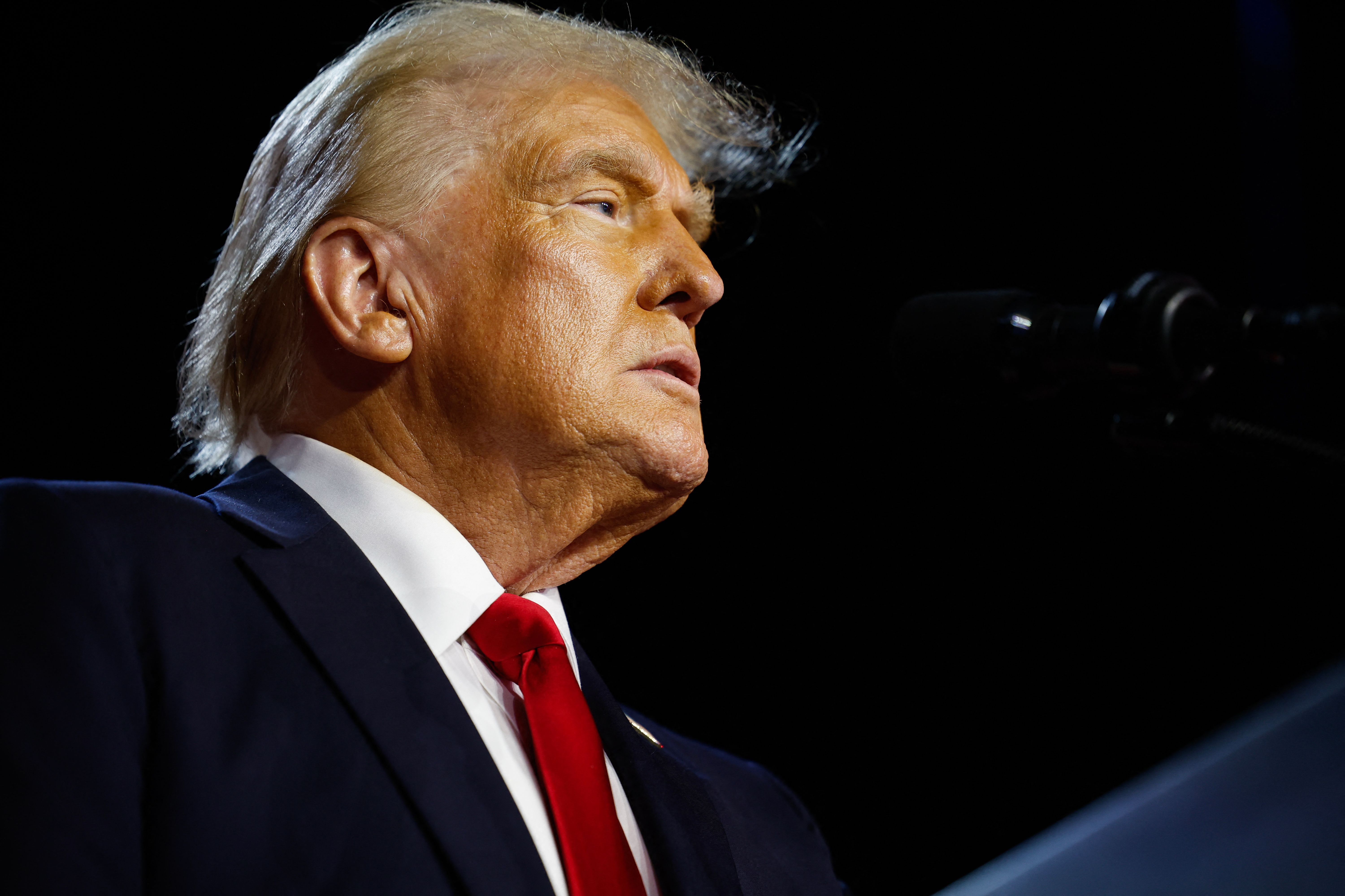 WEST PALM BEACH, FLORIDA - NOVEMBER 06: Republican presidential nominee, former U.S. President Donald Trump speaks during an election night event at the Palm Beach Convention Center on November 06, 2024 in West Palm Beach, Florida. Americans cast their ballots today in the presidential race between Republican nominee former President Donald Trump and Vice President Kamala Harris, as well as multiple state elections that will determine the balance of power in Congress.   Chip Somodevilla/Getty Images/AFP (Photo by CHIP SOMODEVILLA / GETTY IMAGES NORTH AMERICA / Getty Images via AFP)