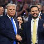 (FILES) US Senator from Ohio and 2024 Republican vice presidential candidate J.D. Vance (R) gives a thumbs up as he shakes hands with US former President and 2024 Republican presidential candidate Donald Trump during the second day of the 2024 Republican National Convention at the Fiserv Forum in Milwaukee, Wisconsin, July 16, 2024. Kamala Harris and Donald Trump are entering the final one-month sprint to the most dramatic US presidential election in modern history, with both candidates warning the fate of a divided nation hangs on a result that is still too close to call. (Photo by Jim WATSON / AFP)