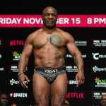 Former US heavyweight boxing champion Mike Tyson looks on during his weigh-in ahead of his heavyweight boxing match against US boxer and actor Jake Paul in Irving, Texas, on November 14, 2024. (Photo by TIMOTHY A. CLARY / AFP)
