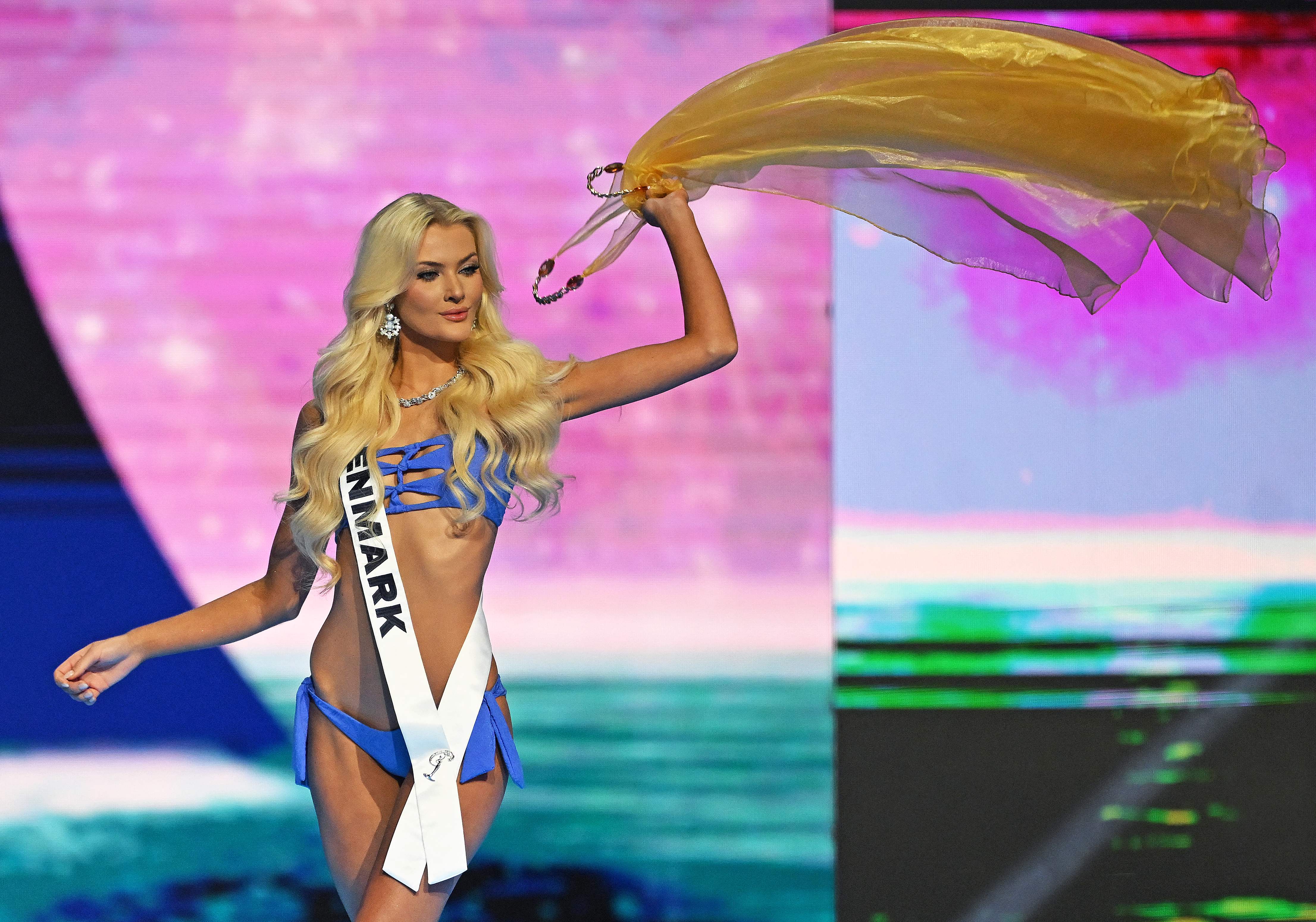 Miss Denmark, Victoria Kjaer Theilvig gestures as she competes in the swimsuit section of the 73rd edition of the Miss Universe pageant in Mexico City on November 16, 2024. (Photo by CARL DE SOUZA / AFP)