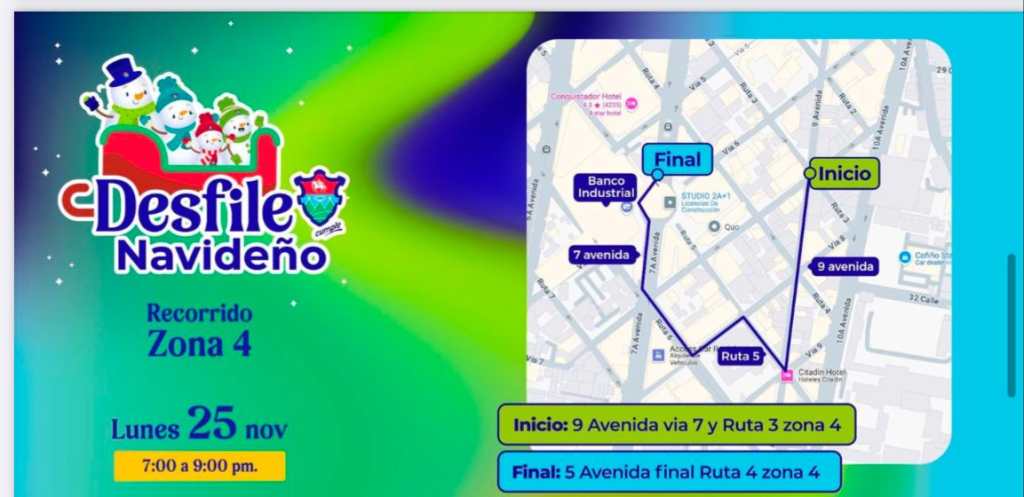 Recorrido del desfile navideño en zona 4 de la capital de Guatemala