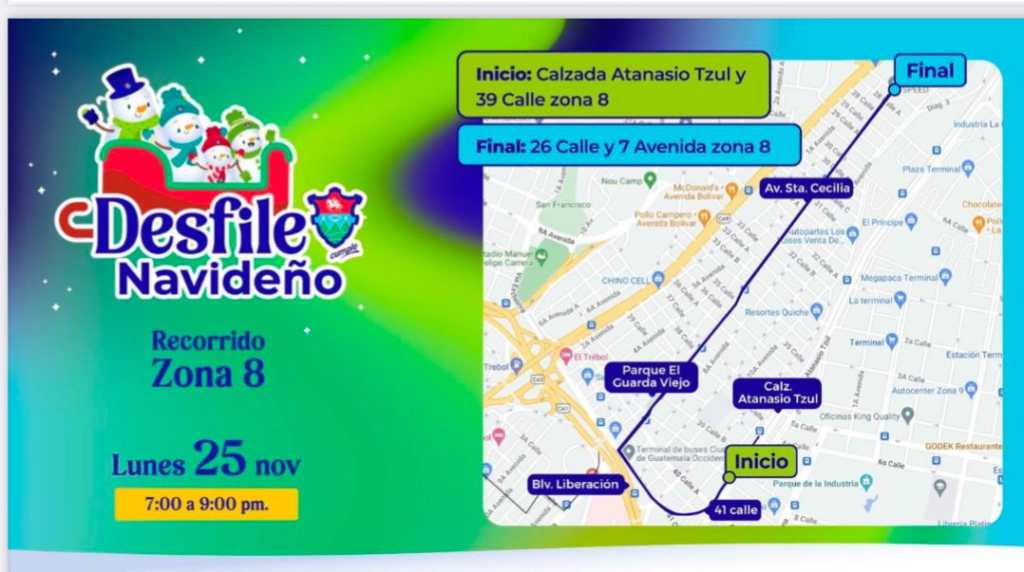 mapa del recorrido del desfile navideño zona 8