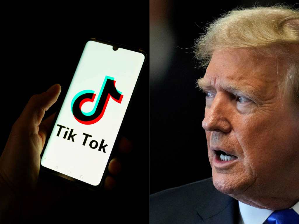 (FILES) (COMBO) This combination of pictures created on June 2, 2024 shows a man holding a smartphone displaying the logo of Chinese social media platform Tiktok in an office in Paris on April 19, 2024 and former US President and Republican presidential candidate Donald Trump in New York City on May 30, 2024. The US Supreme Court on January 17, 2025, upheld a law that will ban TikTok in the United States, potentially denying the video-sharing app to 170 million users in the United States starting on January 19. White House officials on January 17 told US media that they would not enforce the ban and leave it up to President-elect Donald Trump, who takes office a day later. (Photo by Antonin UTZ and Seth Wenig / AFP)