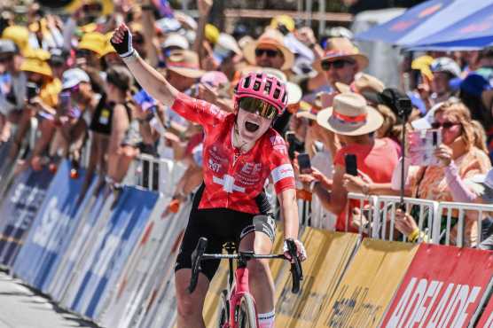 EF Education and Oatly Cycling Team rider Noemi Ruegg from Switzerland reacts after winning the second stage of the Tour Down Under cycling race in Adelaide on January 18, 2025. (Photo by Brenton Edwards / AFP) / -- IMAGE RESTRICTED TO EDITORIAL USE - STRICTLY NO COMMERCIAL USE --