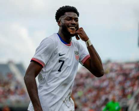 US forward #7 Patrick Agyemang celebrates his goal during the USA against Venezuela international friendly at Chase Stadium in Fort Lauderdale, Florida, on January 18, 2025. (Photo by Chris Arjoon / AFP)