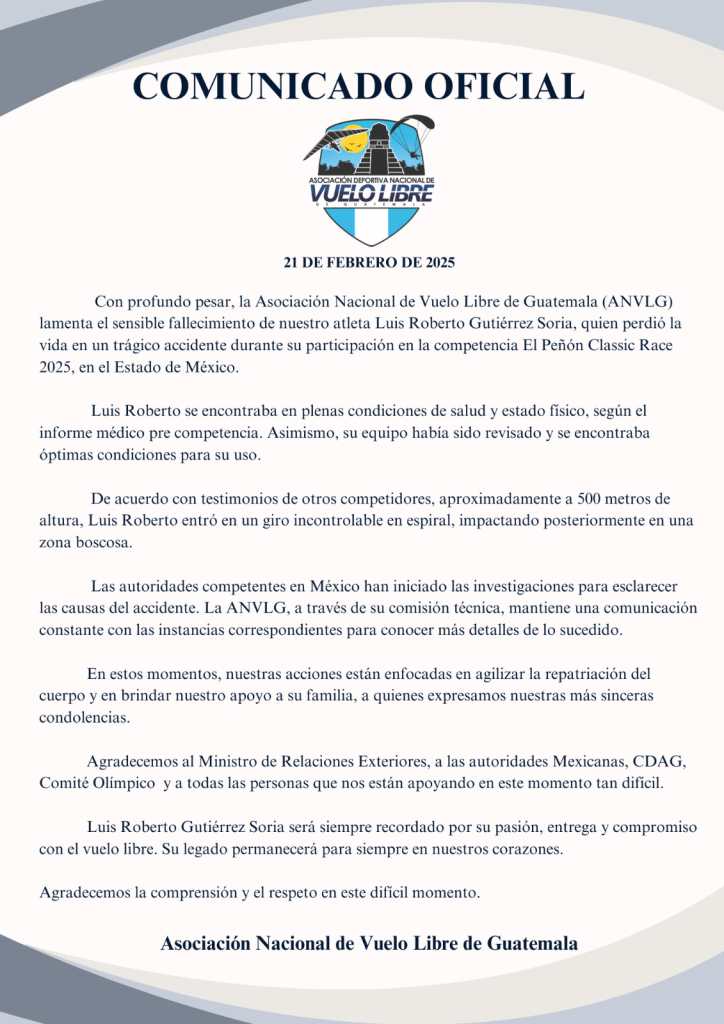 El comunicado oficial de la Asociación de Vuelo Libre sobre el fallecimiento de Roberto Gutiérrez. 