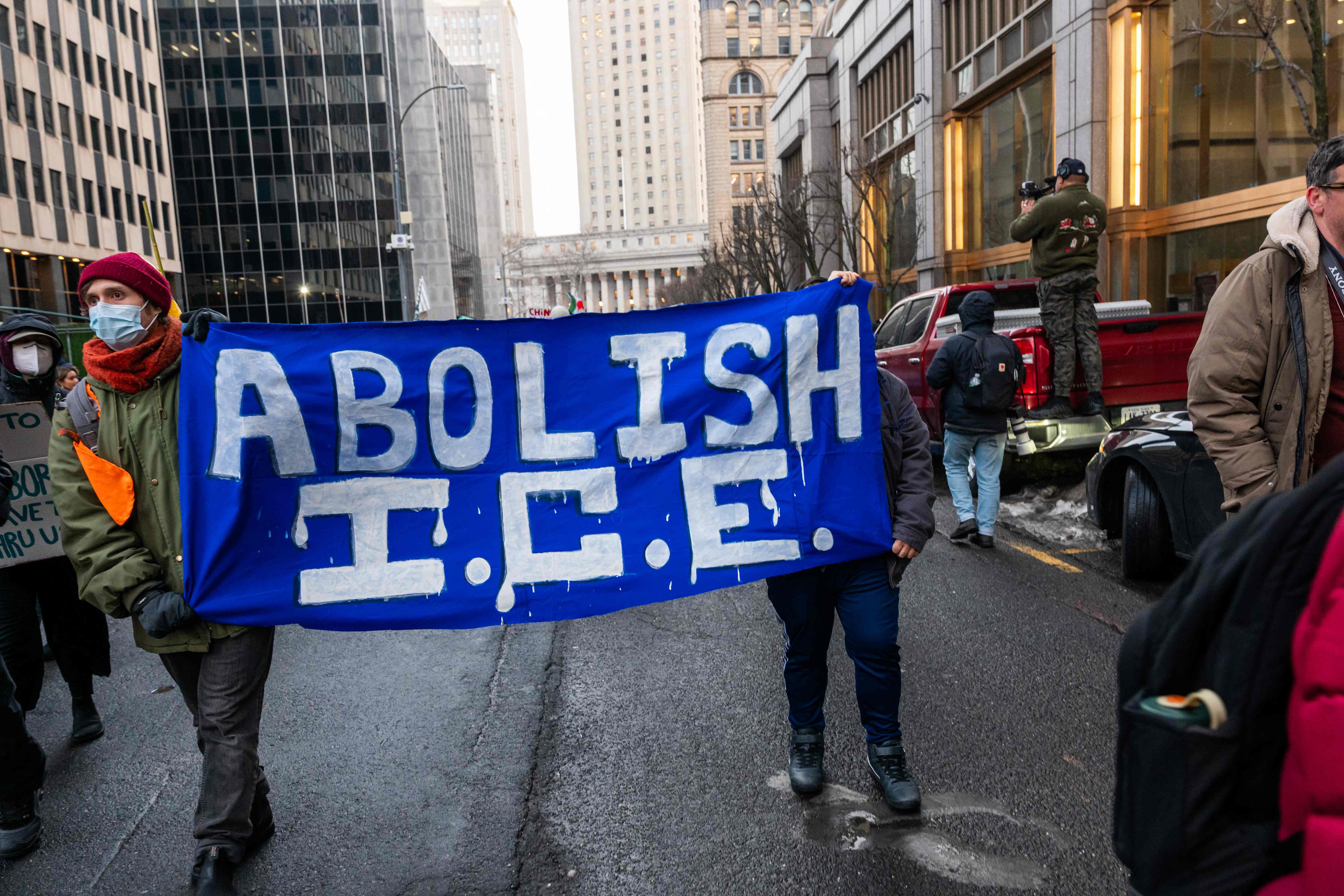 NEW YORK, NEW YORK - FEBRUARY 13: Protesters hold a rally and march against the policies of the Donald Trump administration and its immigration policies in lower Manhattan on February 13, 2025 in New York City. The Justice Departments Attorney General Pam Bondi has announced that she will be taking legal action against the state of New York and Governor Kathy Hochul over New York City's alleged resistance to supporting the Trump Administration's crackdown on illegal immigration.   Spencer Platt/Getty Images/AFP (Photo by SPENCER PLATT / GETTY IMAGES NORTH AMERICA / Getty Images via AFP)