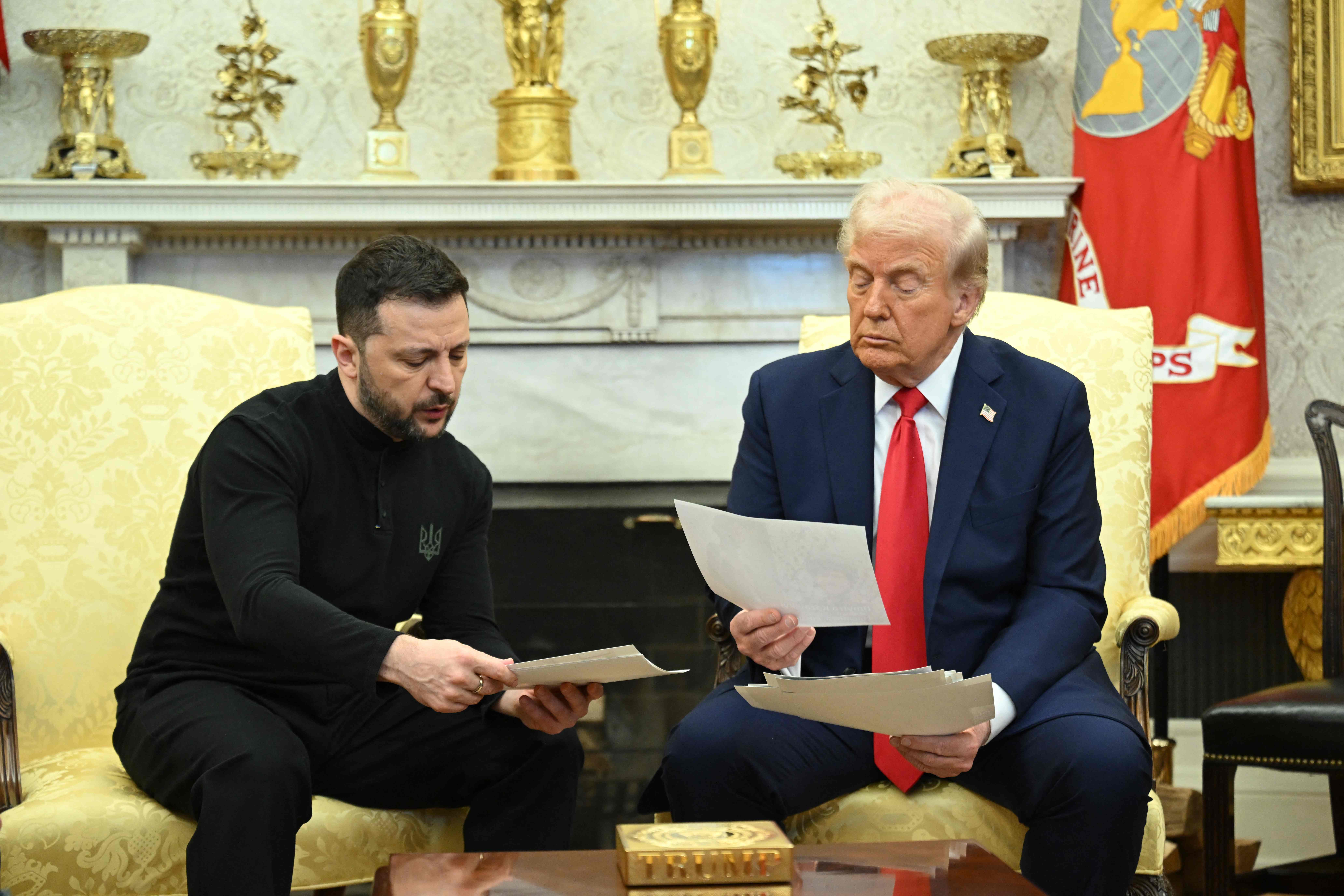 US President Donald Trump and Ukraine's President Volodymyr Zelensky meet in the Oval Office of the White House in Washington, DC, February 28, 2025. Zelensky on February 28 told Trump there should be "no compromises" with Russian President Vladimir Putin as the parties negotiate to end the war after Moscow's invasion. (Photo by SAUL LOEB / AFP)
