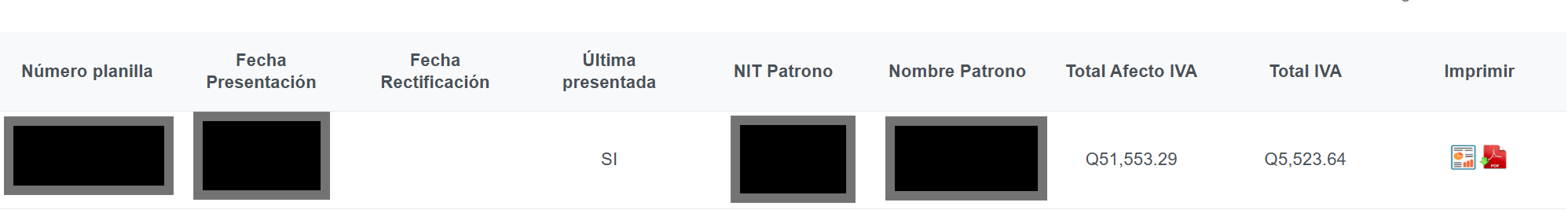 La imagen muestra el resultado de una búsqueda de una planilla IVA FEL presentada a través de la agencia virtual de la SAT. (Foto, captura de Pantalla página SAT)