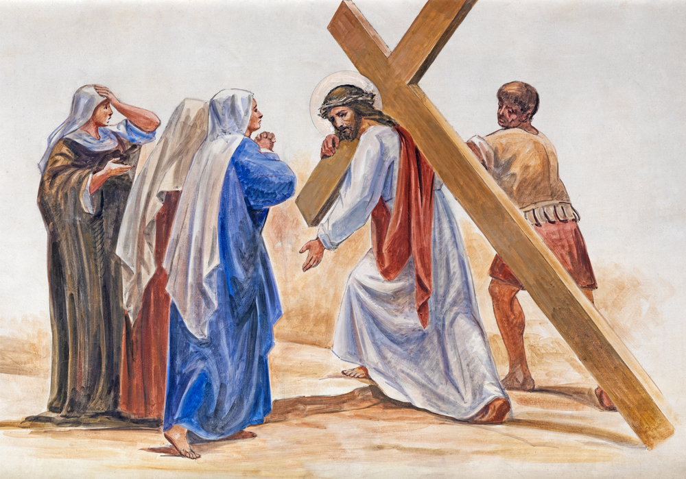 The fresco Jesus meet his mother Mary in the atrium of church Església de la Concepció from 19. cent.