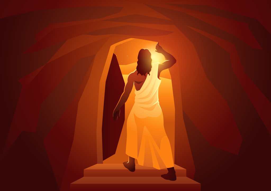 Serie de ilustraciones bíblicas vectoriales, retrovisión de la resurrección de Jesús o resurrección de Cristo