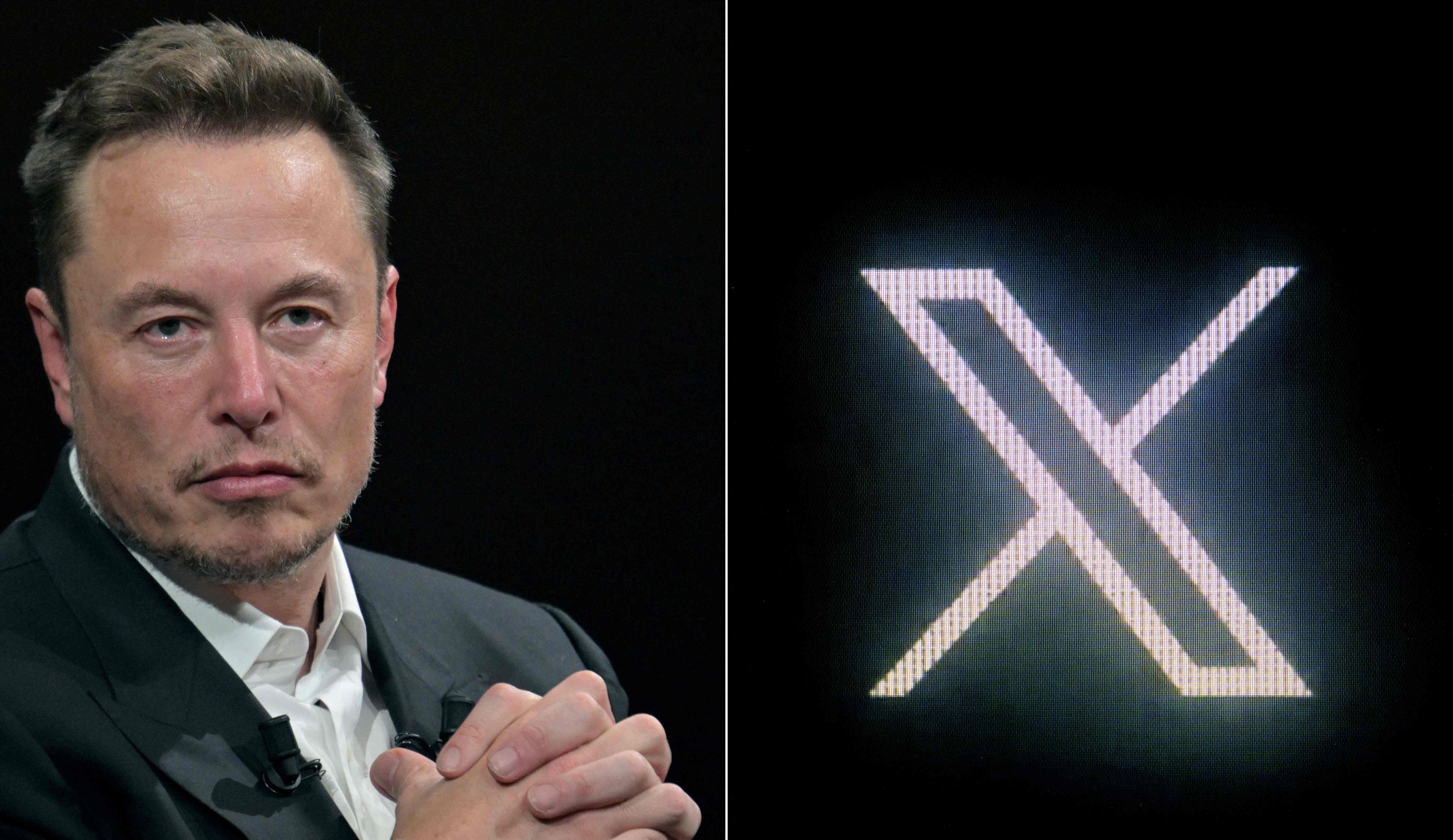 (FILES) (COMBO) This combination of pictures created on October 10, 2023, shows (L) SpaceX, X and electric car maker Tesla CEO Elon Musk in Paris, on June 16, 2023 and (R) the new Twitter logo rebranded as X, pictured on a screen in Paris on July 24, 2023. Elon Musk said X was hit by a "massive" cyberattack on March 10, 2025, as outages plagued users of the platform once known as Twitter. Musk blamed a cyberattack, providing no evidence, for crashing the site last year when an interview with Donald Trump was to be streamed. (Photo by Alain JOCARD / AFP)