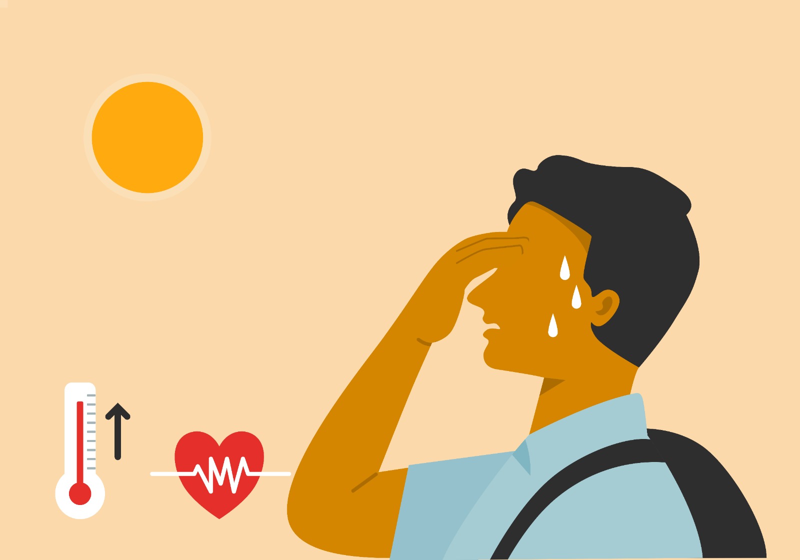 Un hombre tiene una apoplejía de calor con frecuencia cardíaca y símbolo de alta temperatura, ilustración vectorial plana.